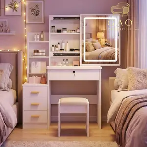 Makeup Vanity Desk With Sliding Mirror And Lights, Featuring Drawers, Stool And Open Shelves, 3 Color Lighting Modes Brightness Adjustable Dressing Table For Bedroom