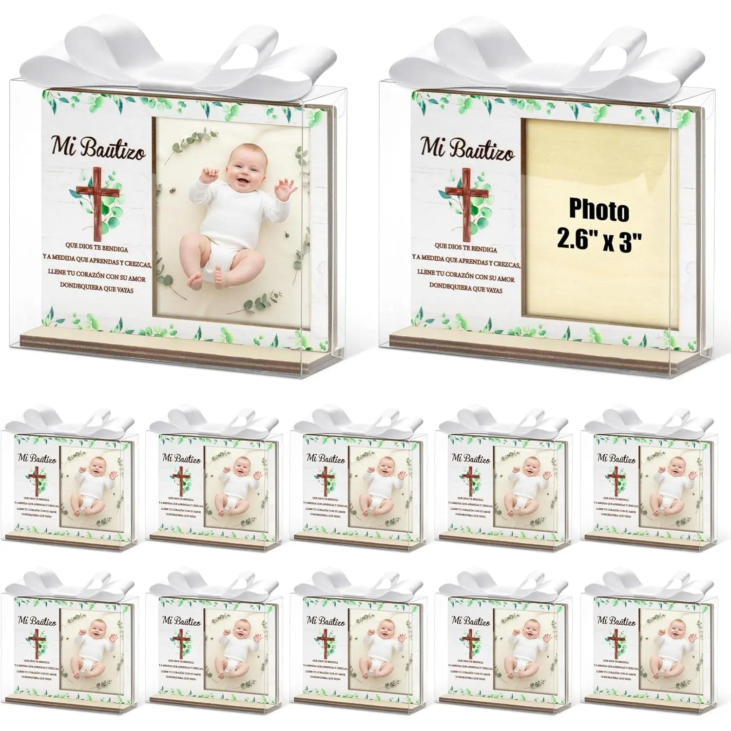 CJiangpo Spanish Baptism Picture Frame - 12 Set Catholic Mi Bautizo Gifts for Baby, Baby Shower Favor Cross Wood Photo Frame with Bows and Clear Plastic Boxes Religious First Communion keepsake
