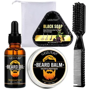 Men's Beard Care Kit, Beard Grooming Kit, 5-Piece Set with Essential Oil, Balm, Soap, Gradual Hair Dye, Covers Hair, Includes Bubble Net & Dual-Head Brush