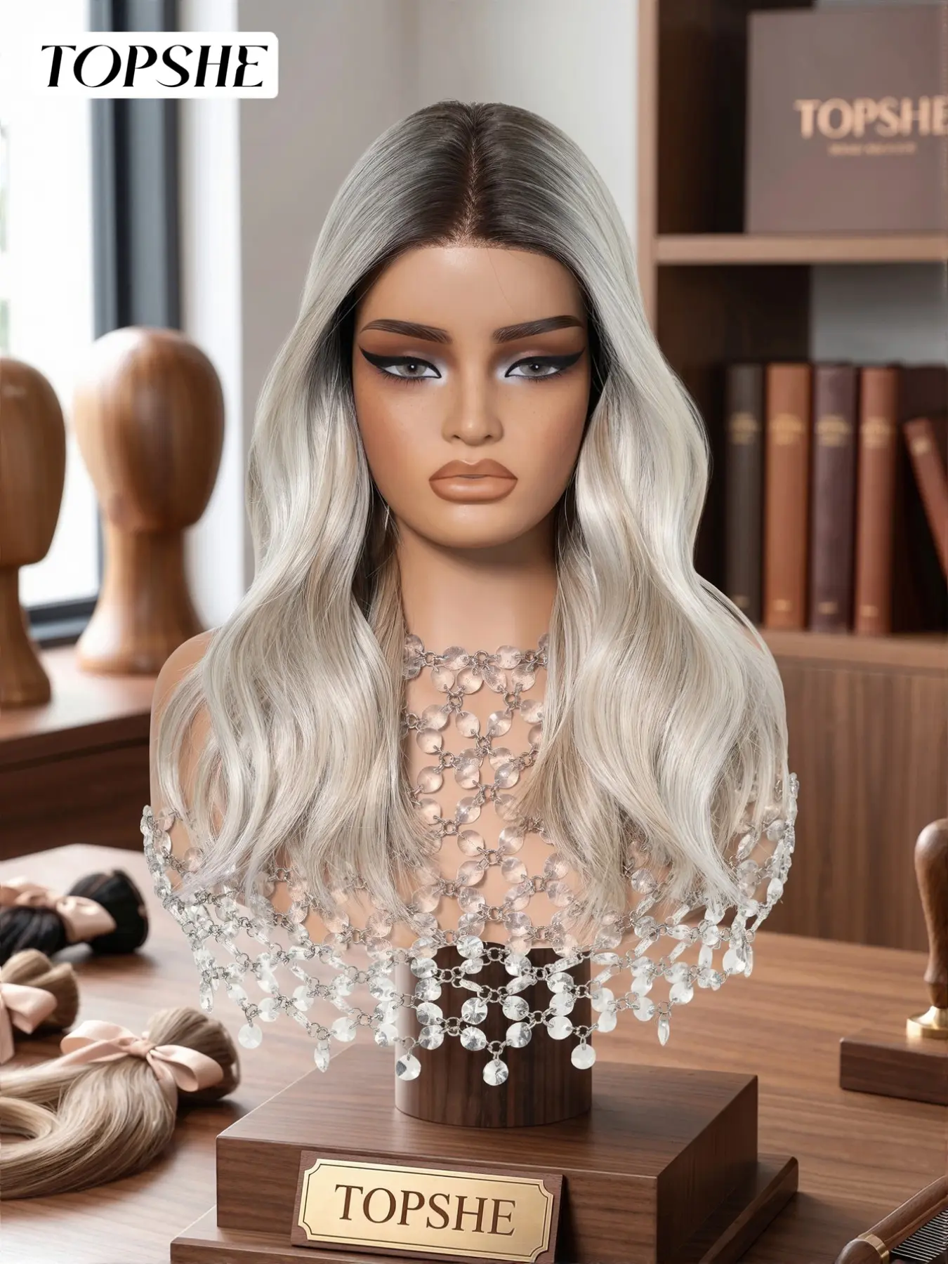 Topshe High-Quality Lace Wig, Platinum Highlights, Natural Root Transition, Waves, 16 Inches, Comfortable, Versatile, Party Ready
