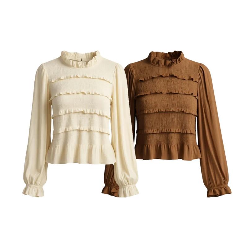 Aria Muse 2026 new women's fashion commuting style slim fit version with ruffle collar long sleeved shirt and pleated top