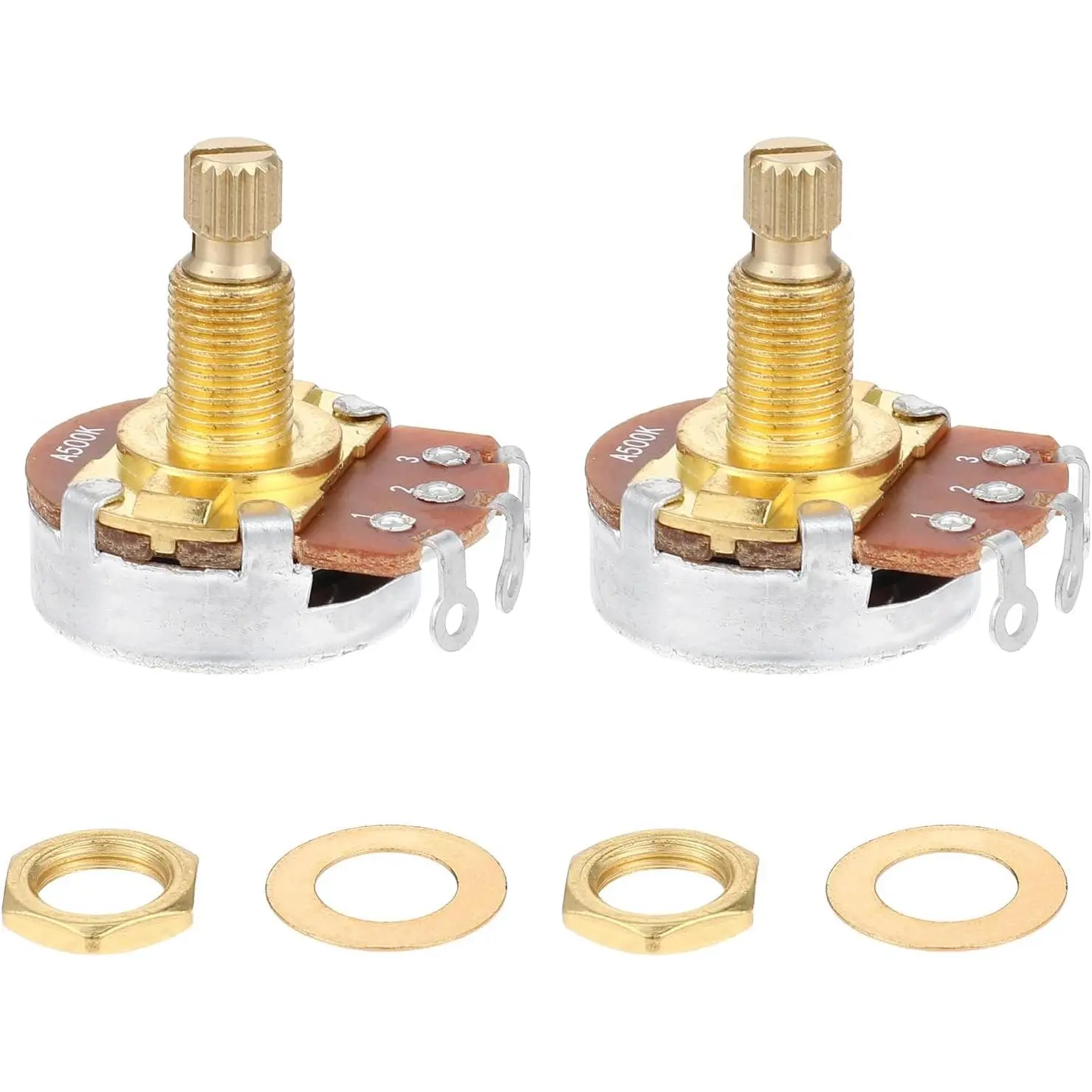 2 Pack Full Size Metric Guitar Bass Pots, 500k Potentiometer Brass Shaft Audio Taper Potentiometers, Guitar Potentiometer for Volume and Tone Short Split Shaft Audio Taper Pot for Electric Guitar Bass