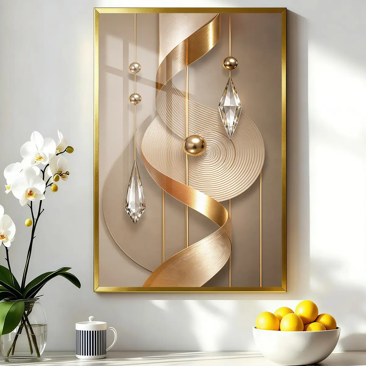 1 Count Aluminum Alloy Frame Canvas， Golden Abstract Geometric Ribbon Crystal Decor， Exquisite Poster， Light Luxury And Senior Feeling Living Room Porch Decoration， Modern Art Family Decoration， Suitable For Holiday Gifts， Waterproof Art