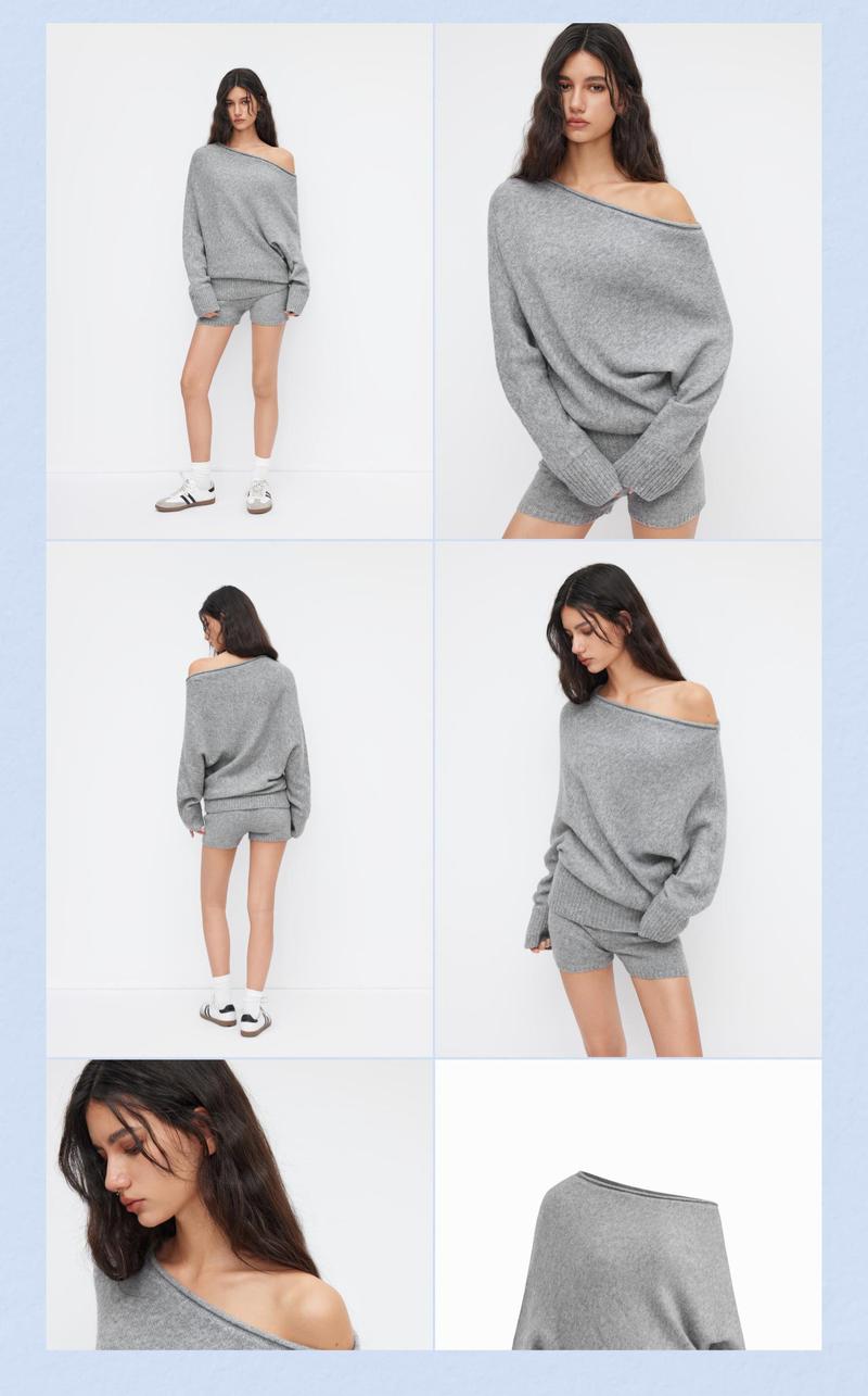 Cider Knit Wool-blend Asymmetrical Neck Long Sleeve Top & Low Rise Shorts Set