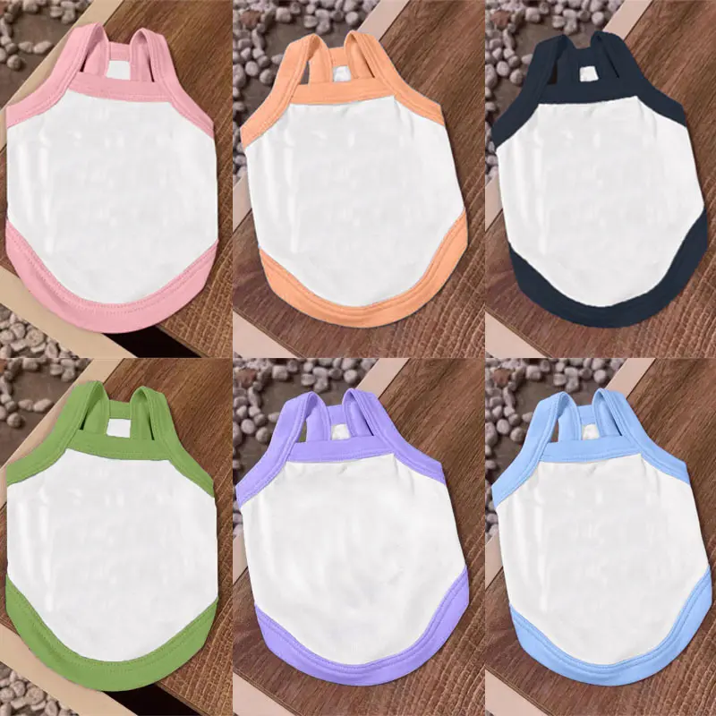 Spring and autumn collection of pet clothes for dogs and cats, including halter tops and vests, in blank and glossy versions, with discounts for bulk orders