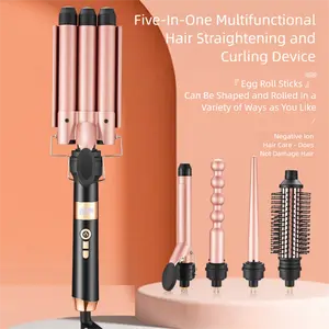 5-in-1 Interchangeable Curling & Straightening Set - Digital Display Auto-Rotating Curling Iron with 3-Barrel Waver, Multi-Functional Hair Styler for Waves, Curls & Straight Styles (with LCD Screen)