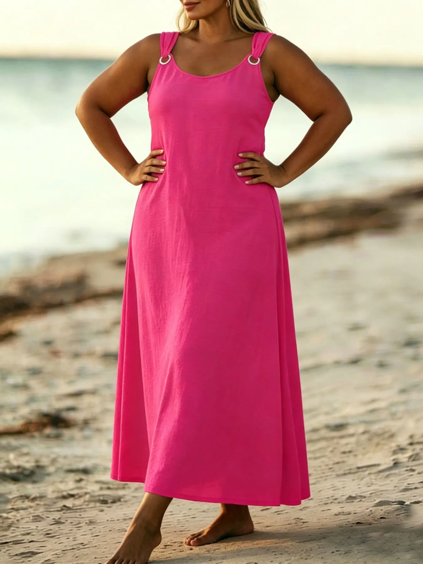 Metal Ring Women's Plus Size Strapless Vest Dress, Summer Loose Flowy Sleeveless Round Neck Midi A-Line Skirt, Office Basic Style