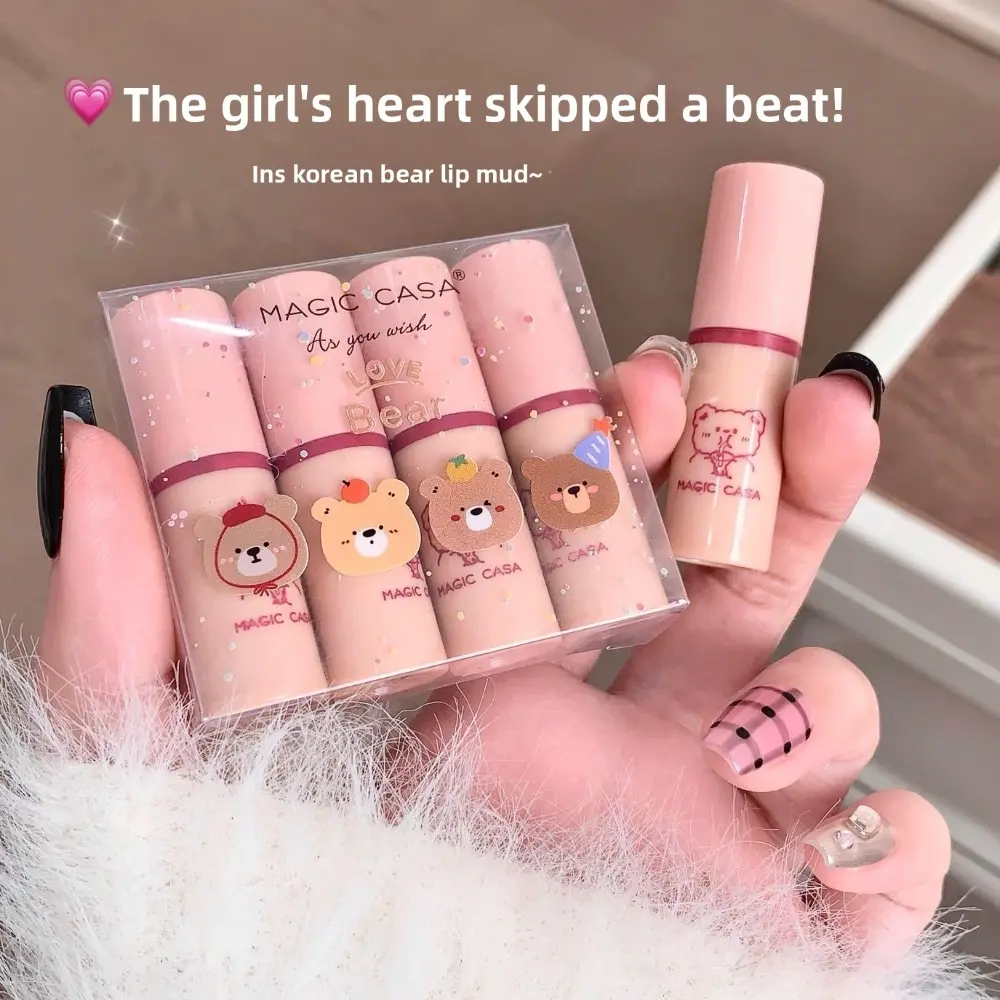 4pcs Mini Bear Matte Lip Glaze Gift Set, Lip Products Makeup, creamy velvet lip mud smooth & non-drying. Highly pigmented shades flatter yellow skin, long-lasting non-transfer formula, portable mini tubes for work, dates and party makeup.