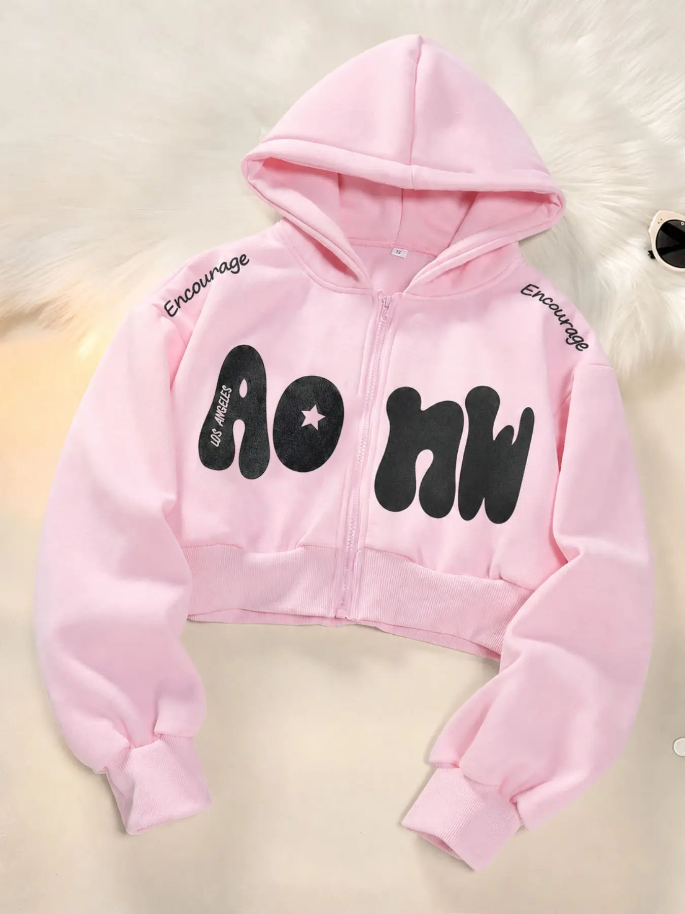 Women's Light Pink Letter Print Zip Up Cropped Hoodie Jacket, Loose Drop Shoulder Silhouette, Soft Fleece Fabric, Casual Y2K Hooded Outerwear, Match Crop Tops, Jeans & Sweatpants