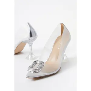 JUST FAB Women's Clear PVC Slip-On Pumps  3.25" Transparent Flared Sculpt Heel Oversized Baguette Rhinestone Pointed Toe Formal Wedding Heels