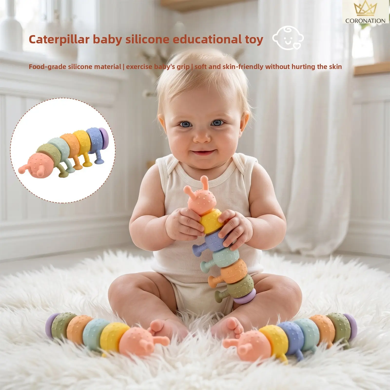 Silicone Caterpillar Teething Toy for Babies, Sensory Fidget Toy, Soft Chewable Baby Toy with Textured Body, Early Learning Development Toy for Infants, Teething Relief at Home & On the Go