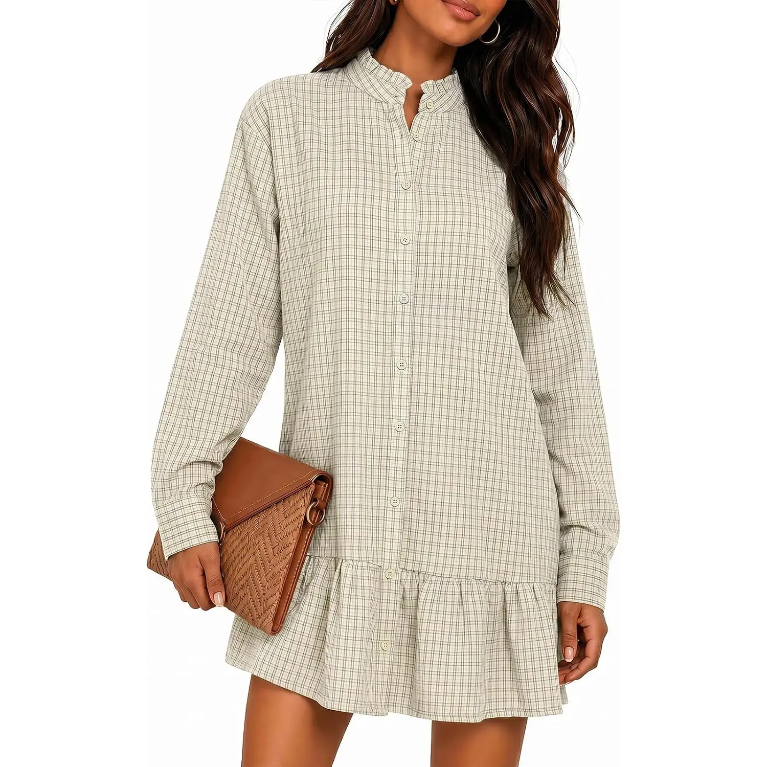 Wenrine Womens Long Sleeve Shirt Dress Plaid Button Down Loose Mini Dresses | high waist,checkered pattern,ruffle neck,button cuffs,side pockets,stand collar,short dress
