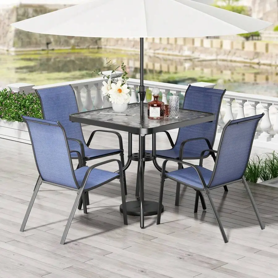 5-Piece Square Glass Top Patio Dining Set, All-Weather Outdoor Steel Frame Furniture with 30"x30" Table and 4 Stackable Textilene 4-Seat Chairs for Patio, Garden, Poolside