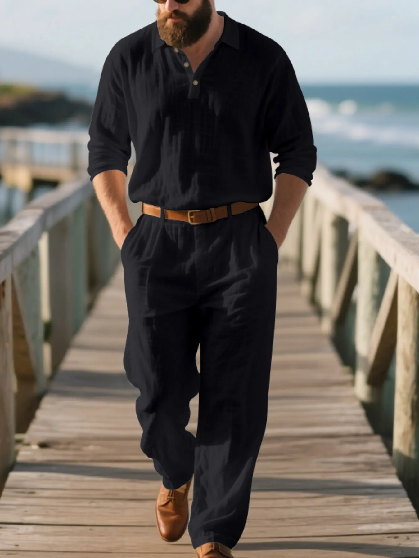 Men's Linen Blend 2-Piece Set, Henley Polo Shirt & Wide Leg Pants, Loose Vintage Casual, Beach Vacation, Summer Travel, 5 Colors Available, Classic