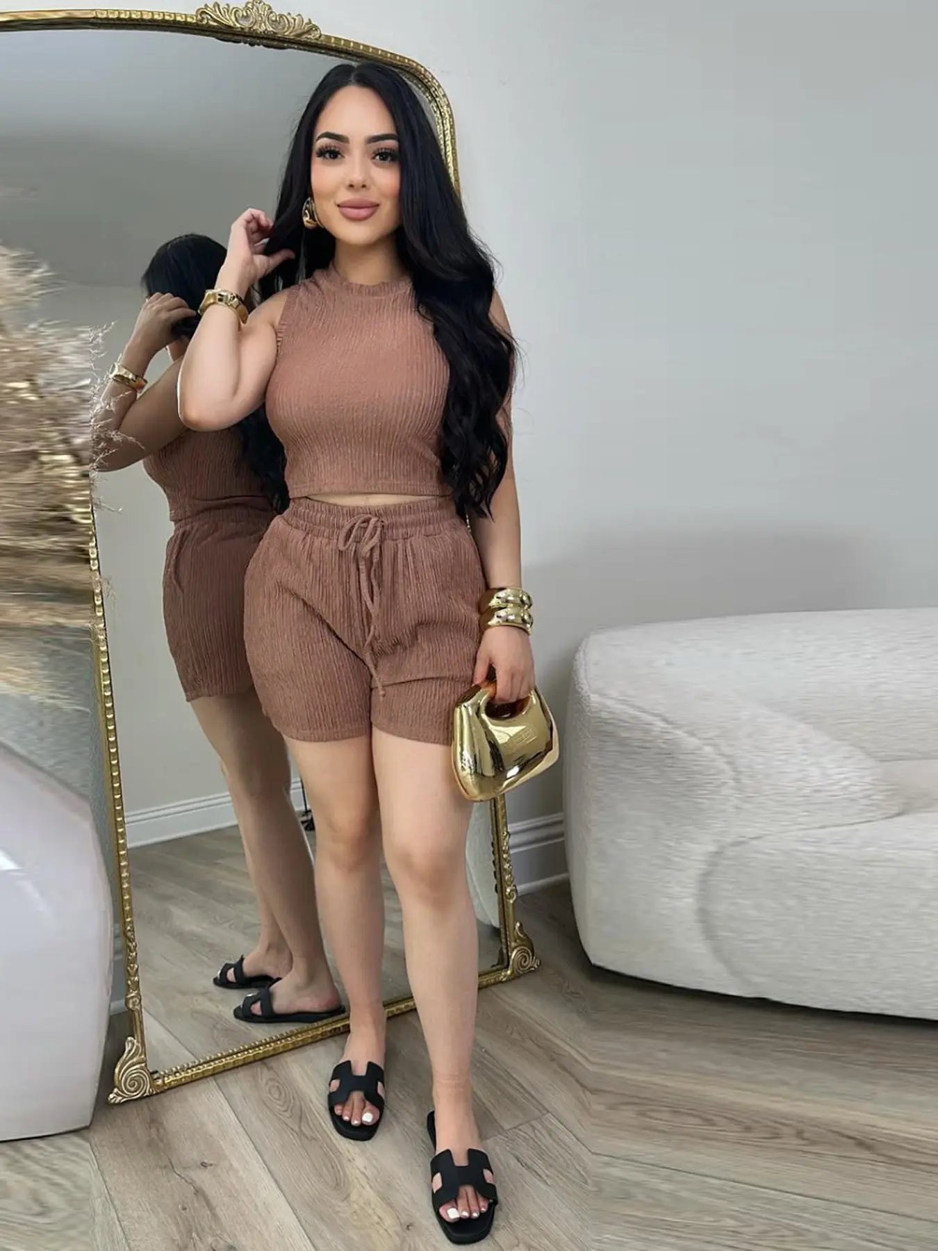 Women's Summer Fashion Casual Solid Color Short Sleeve Top with Pockets, Slim Fit Pullover Set, Comfortable Daily Wear Everyday, Knitted Fashion Set