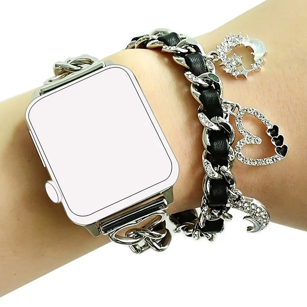 Black Leather Charm Apple Watch Band for Women, Rhinestone Heart Chain Bracelet Strap, Handmade Braided Jewelry Watch Band, Elegant Fashion Wristband for Apple Watch 38/40/41/42/44/45/49mm