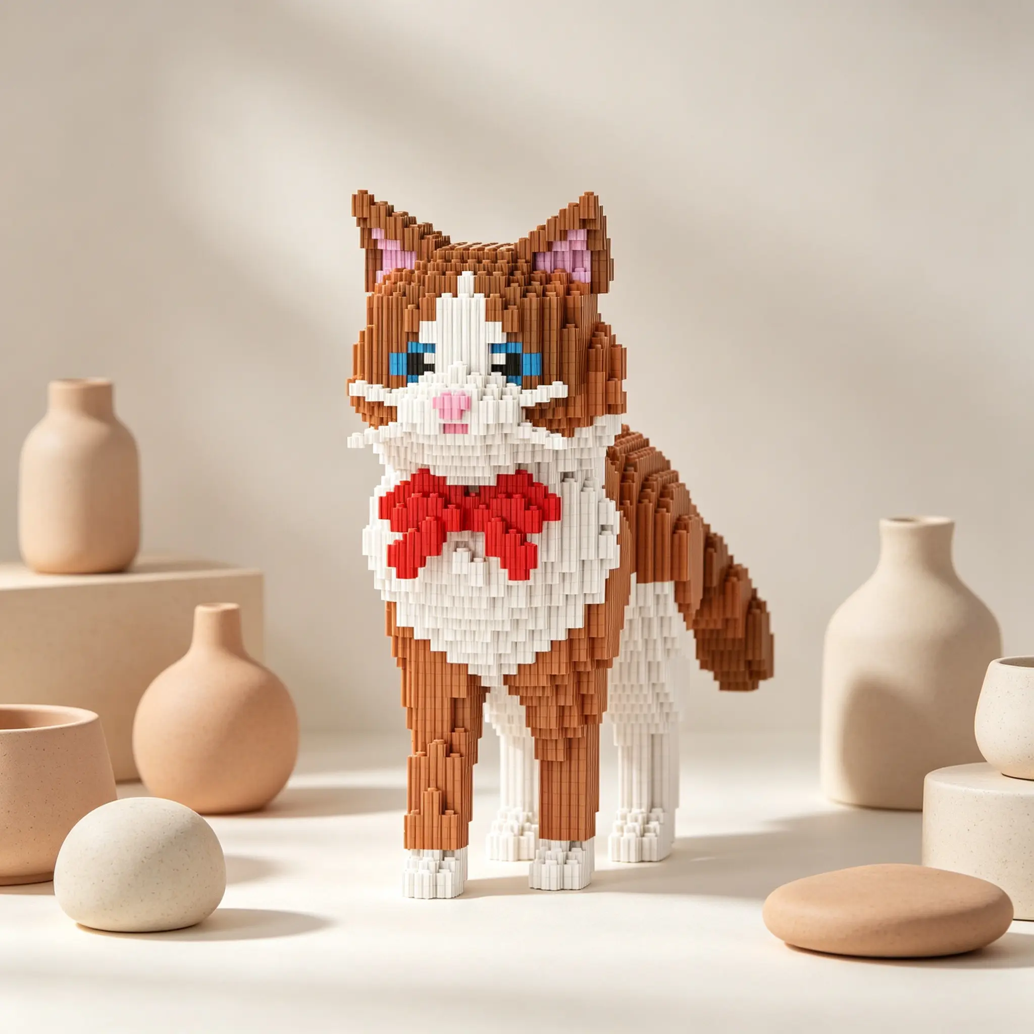 Bow Cat 3D Puzzle Building Block Ornament, Home Office Decor, Party Decoration, Ideal Gift, Handmade Craft, Lightweight Statue