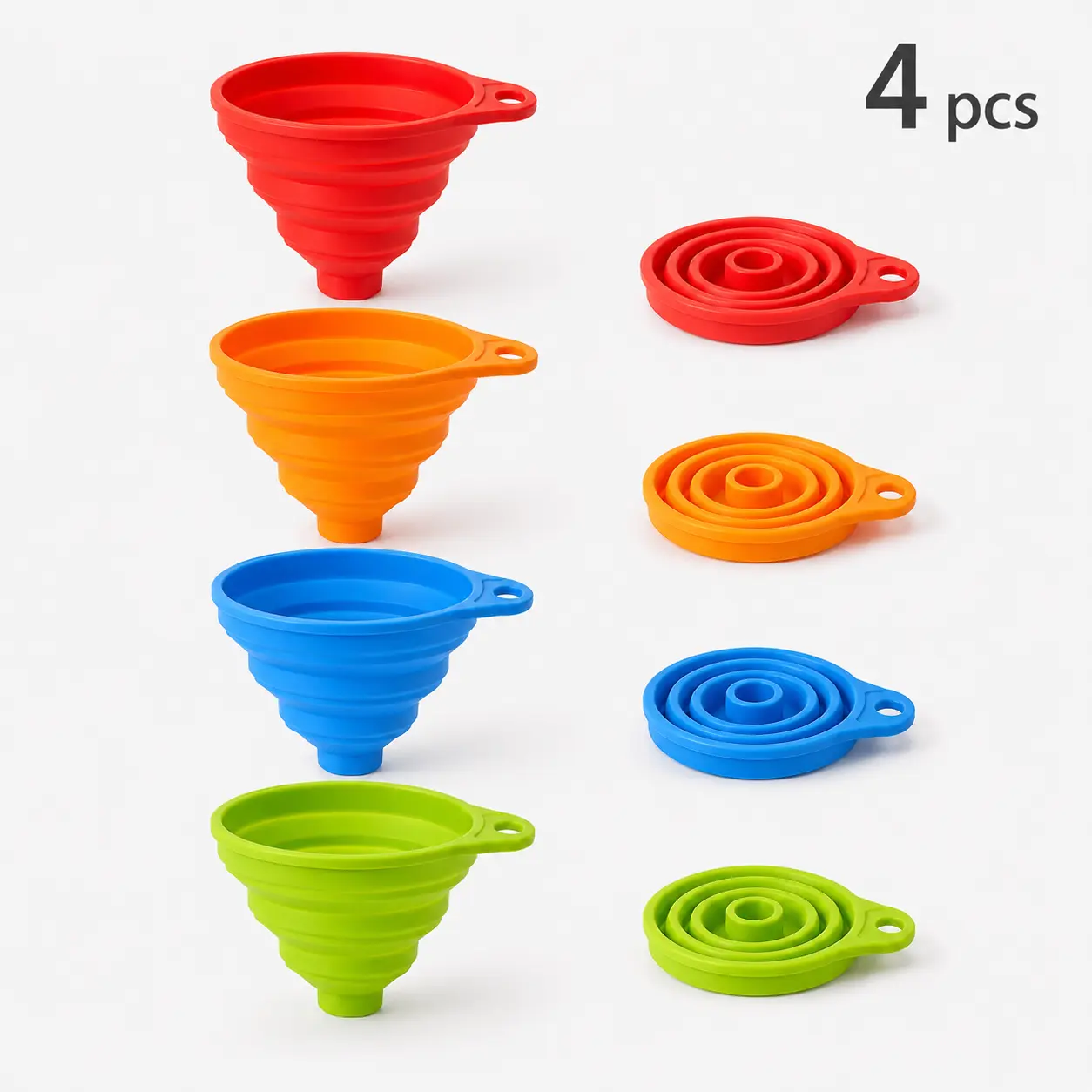 4 Pack Kitchen Funnel Set - Collapsible Silicone Funnel for Filling Bottles, Oil, Juice, Paint & Lab Use - Space Saving Kitchen Gadgets