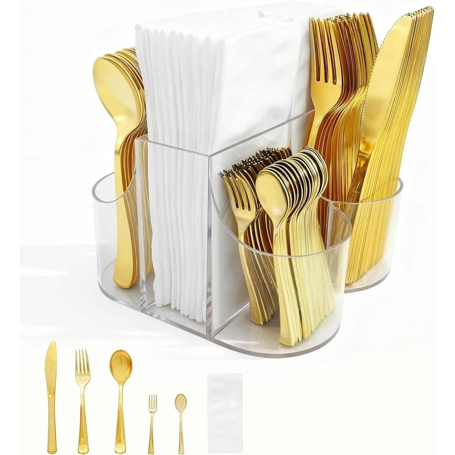 Cutlery Holder for Party - 5 Compartment Cutlery Organizer & Napkin Holder Silverware Caddy Clear with 120 Pcs Gold Plastic Spoons Disposable Forks Knives & Dinner Napkins for Party