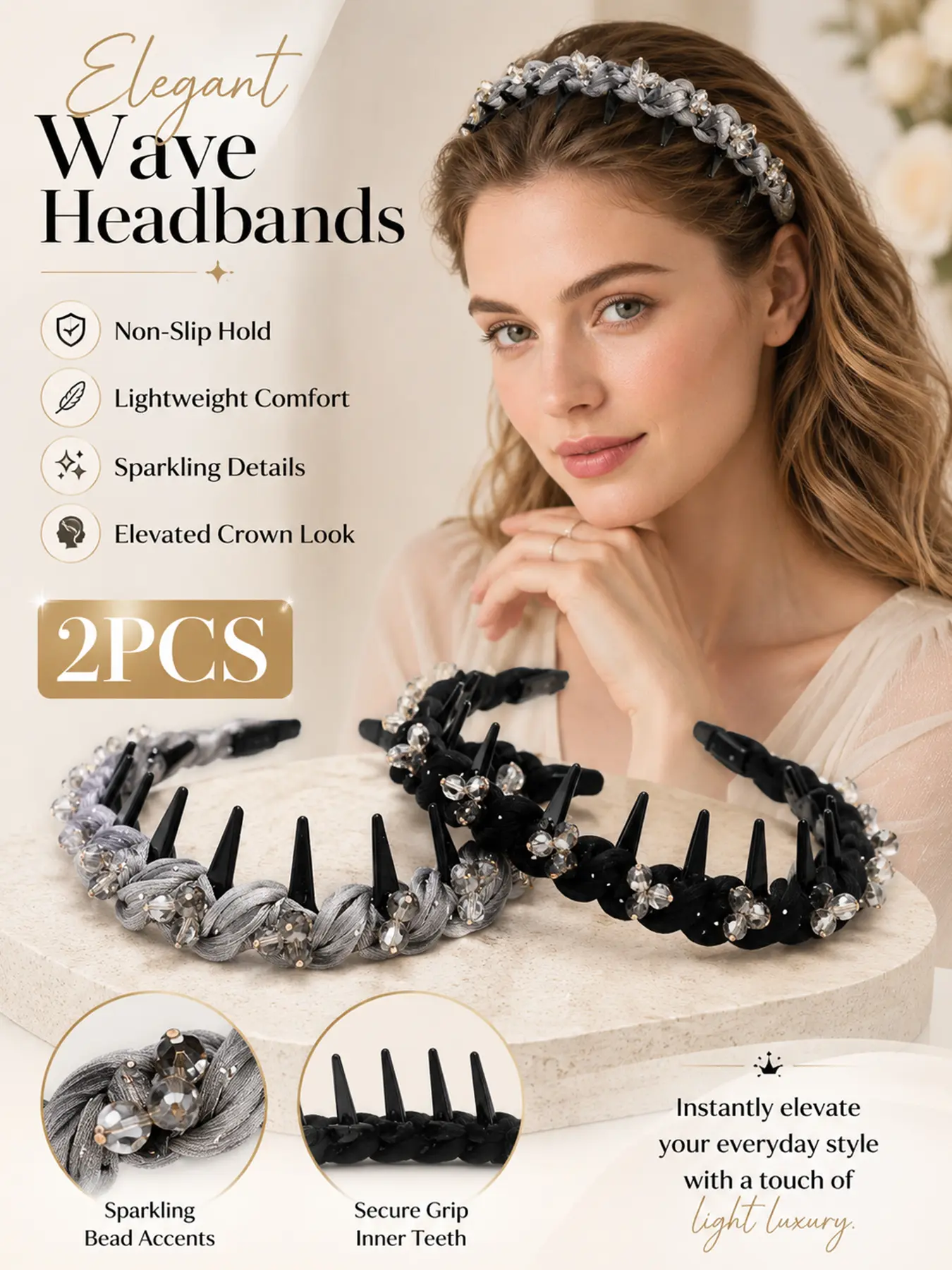 2PCS Crystal Wave Headbands for Women, Wavy Crystal Headband, High Cranium Hair Hoop with Non Slip Teeth, Braided Beaded Headband Set for Volume Lift and Hair Control, Hair Accessories for Daily Wear, Makeup, Party, Dating and Gifts,Black and Grey