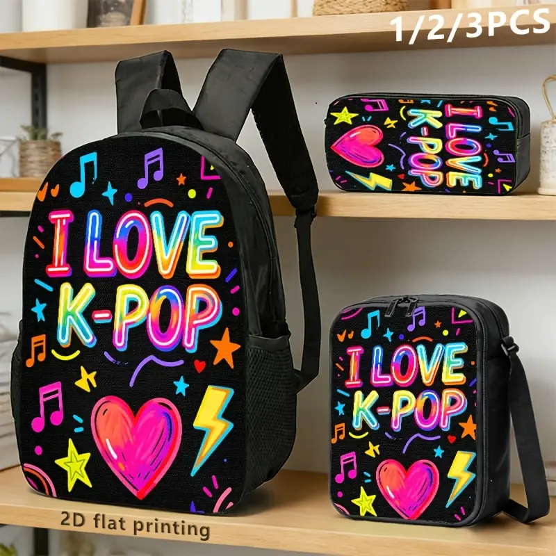 1/3pcs Backpack, Crossbody Bag, Pencil Case with Vibrant Neon 'I LOVE Print, Music Notes & Stars. Ideal for Fans on the Go, Commuting, or Studying Bold, Expressive, and Energetic.