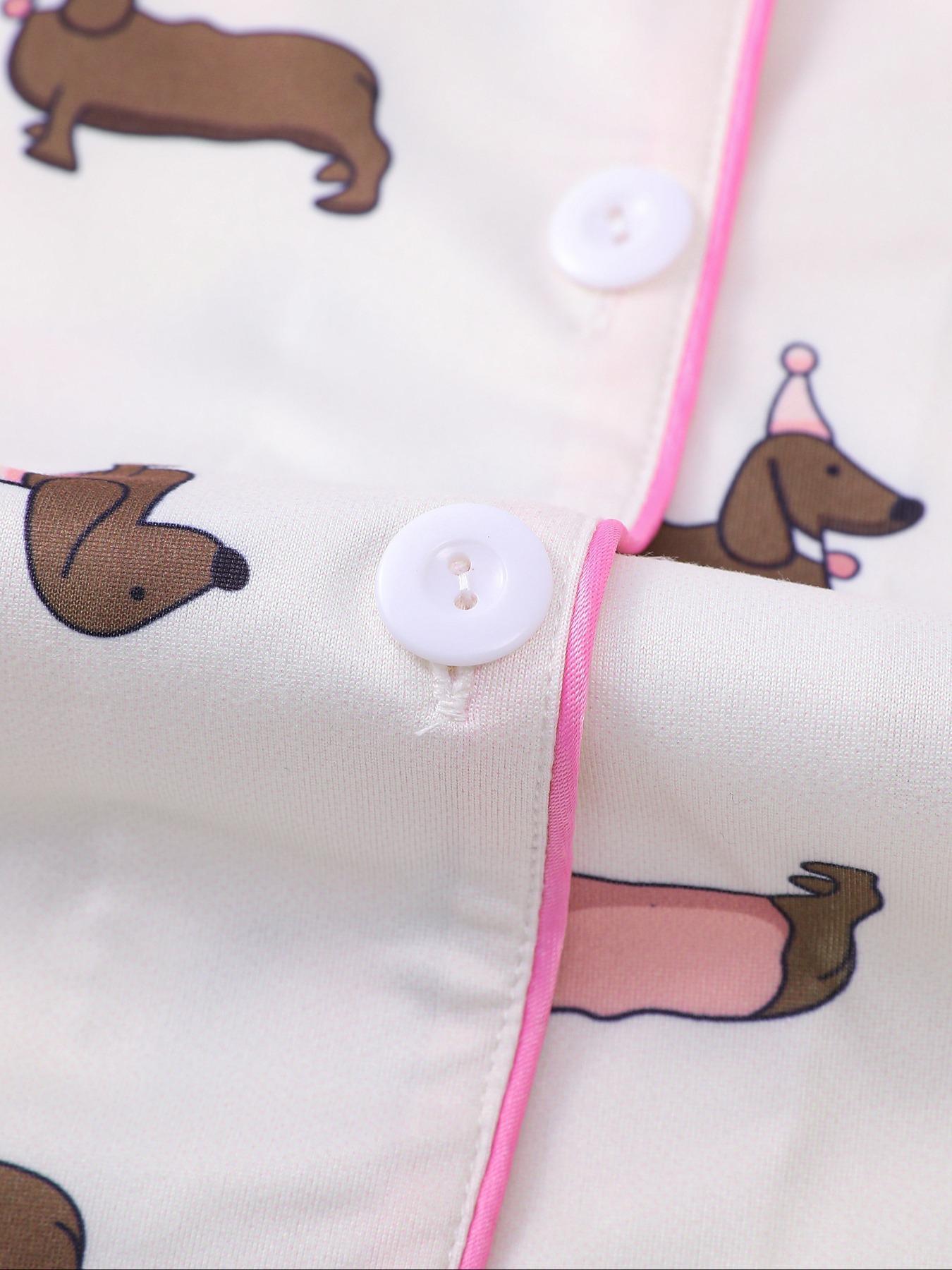 Women's All Over Dachshund Print Shirt & Elastic Waist Shorts Pyjama Two-piece Set, Casual Comfy Short Sleeve Collared Top & Shorts PJ Set, Ladies Sleepwear for All Seasons, Loungewear, Pajama Set, Pajamas