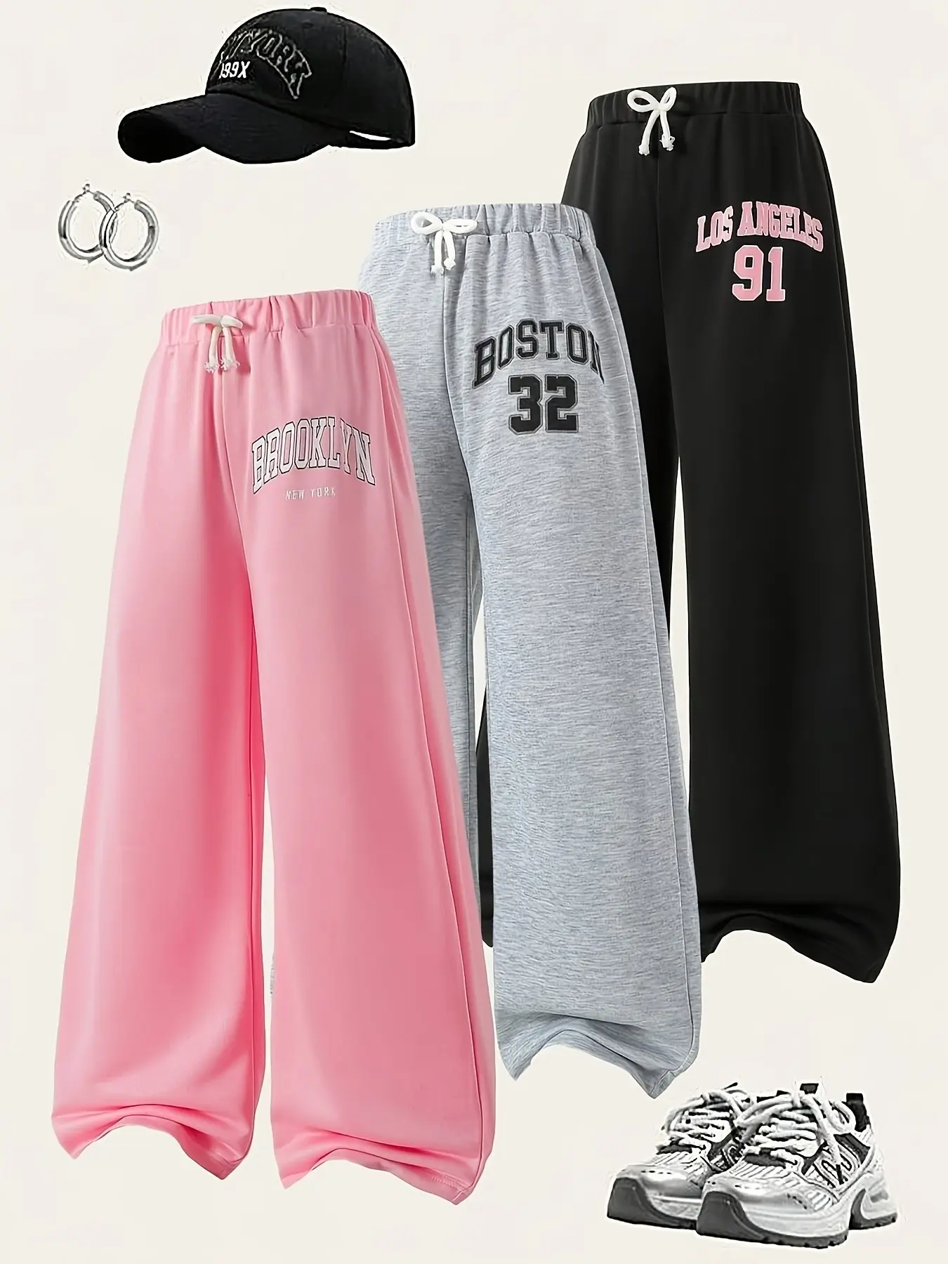 3-Piece Set Girls' American Retro Letter Wide Leg Pants, Drawstring Elastic Waist Casual Sports Trousers, Multi-Color Kids Long Pants
