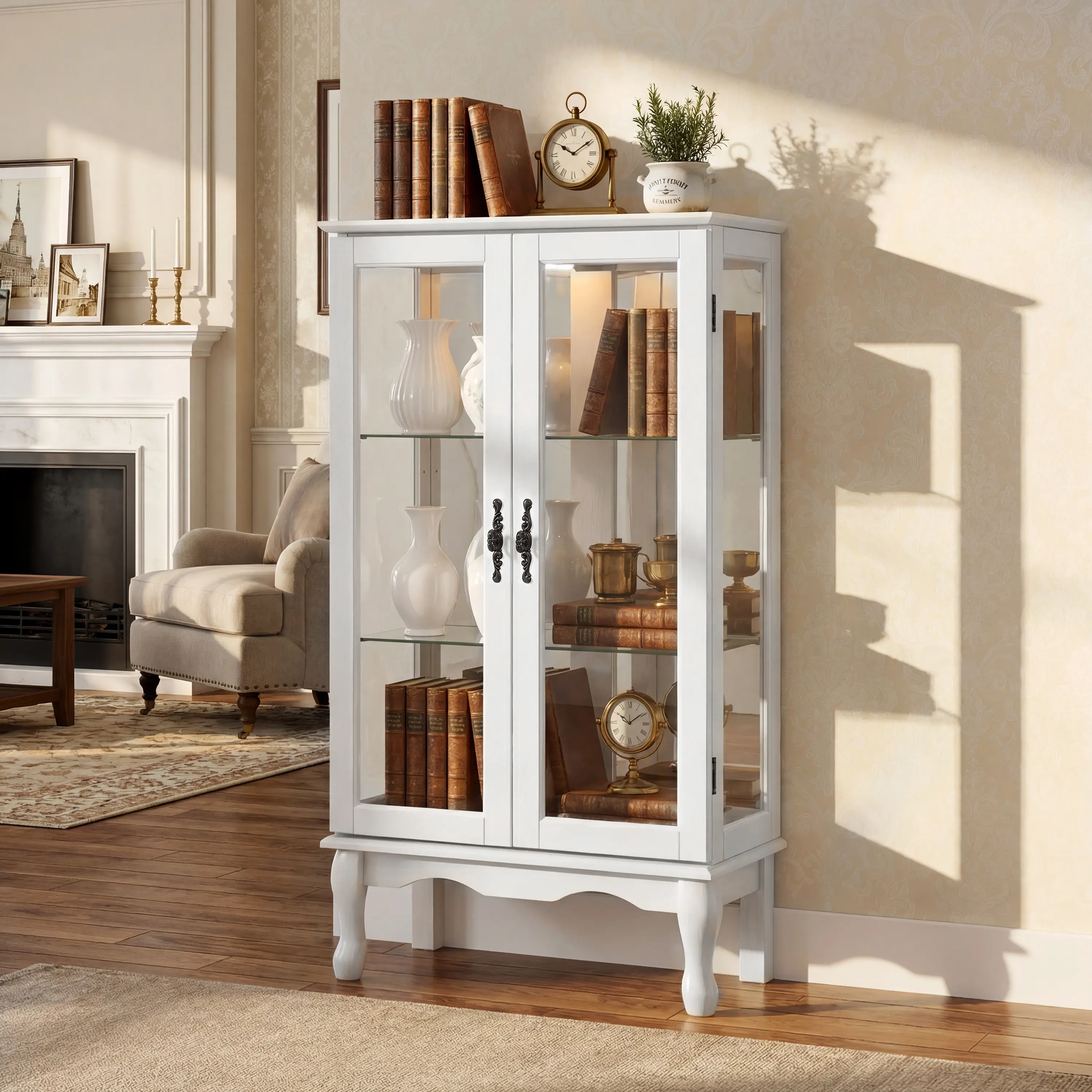ARCH Curio Cabinet with Lighted Display, White MDF Glass Door Cabinet with Adjustable Shelves and Mirrored Back Panel, Tempered Glass Storage Cabinet for Living Room, 43.5H x 26W x 11.75D, E26 Bulb Not Included, White Color Options