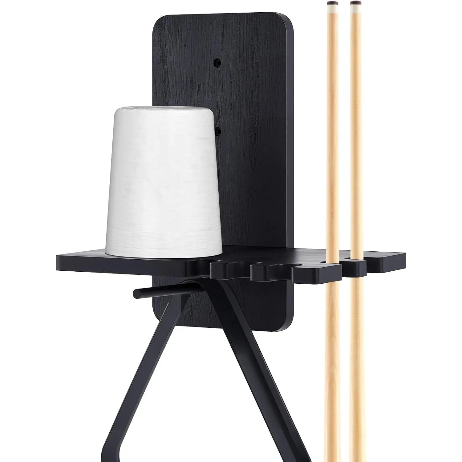 Black Wall Mounted Cone Chalk Holder with Wooden Base, 5 Cue Grooves & Triangle Rack Hook, Pool Accessory for Billiard Room, Wood Pool Hand Chalk Storage Solution, Hooked Rack