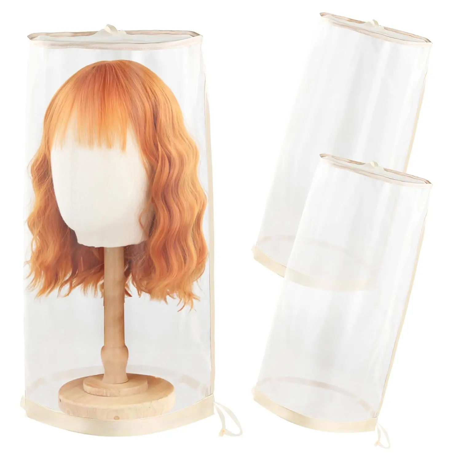 2 count Wig Storage Bags for Multiple Wigs Bags with Drawstring Hair Extension Holder Dust-Free Hair Extension Storage Bag Transparent Mesh wig Organizer for Multiple Wigs Accessories (Light Golden)