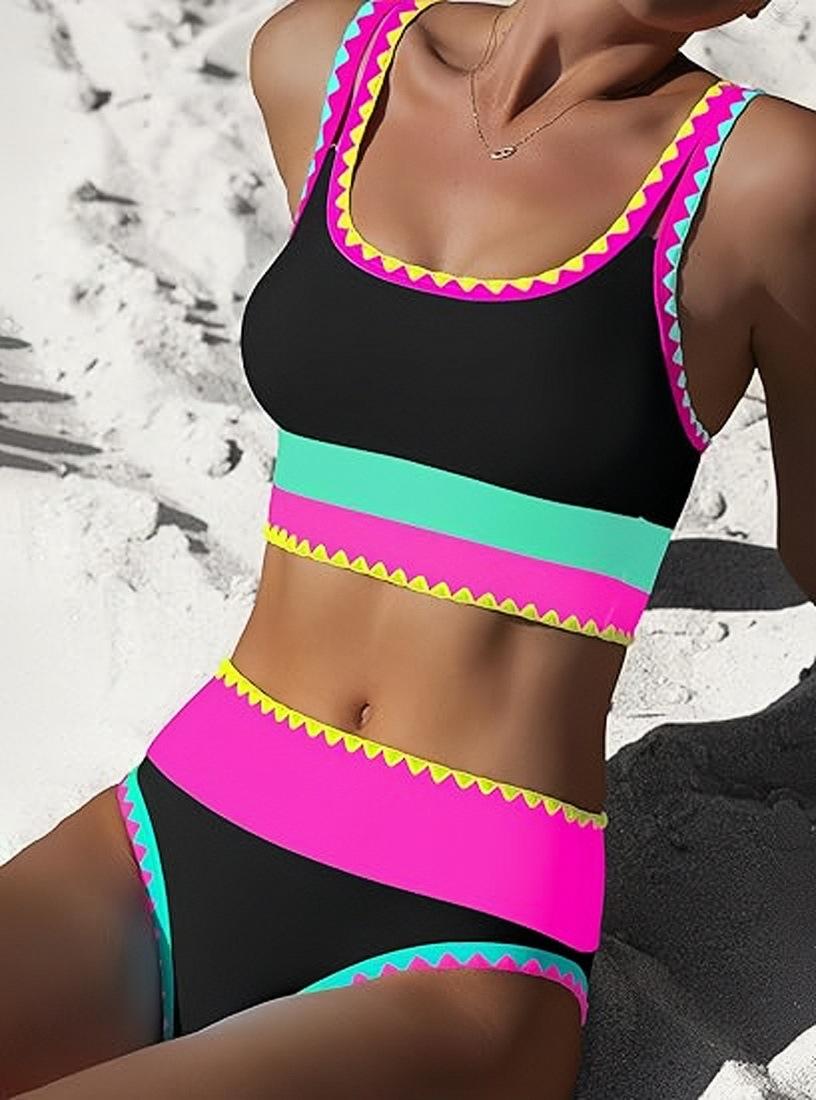 New three-piece bikini swimsuit with a high-waisted design that flattens the tummy, adjustable wide shoulder straps, and a fluorescent color for sporty beachwear, perfect for kayaking.