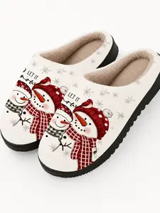 Snowman Print Women's Slippers, Casual Winter Indoor Footwear, Warm Fuzzy Home Shoes, Retro Style, Fall & Winter Season