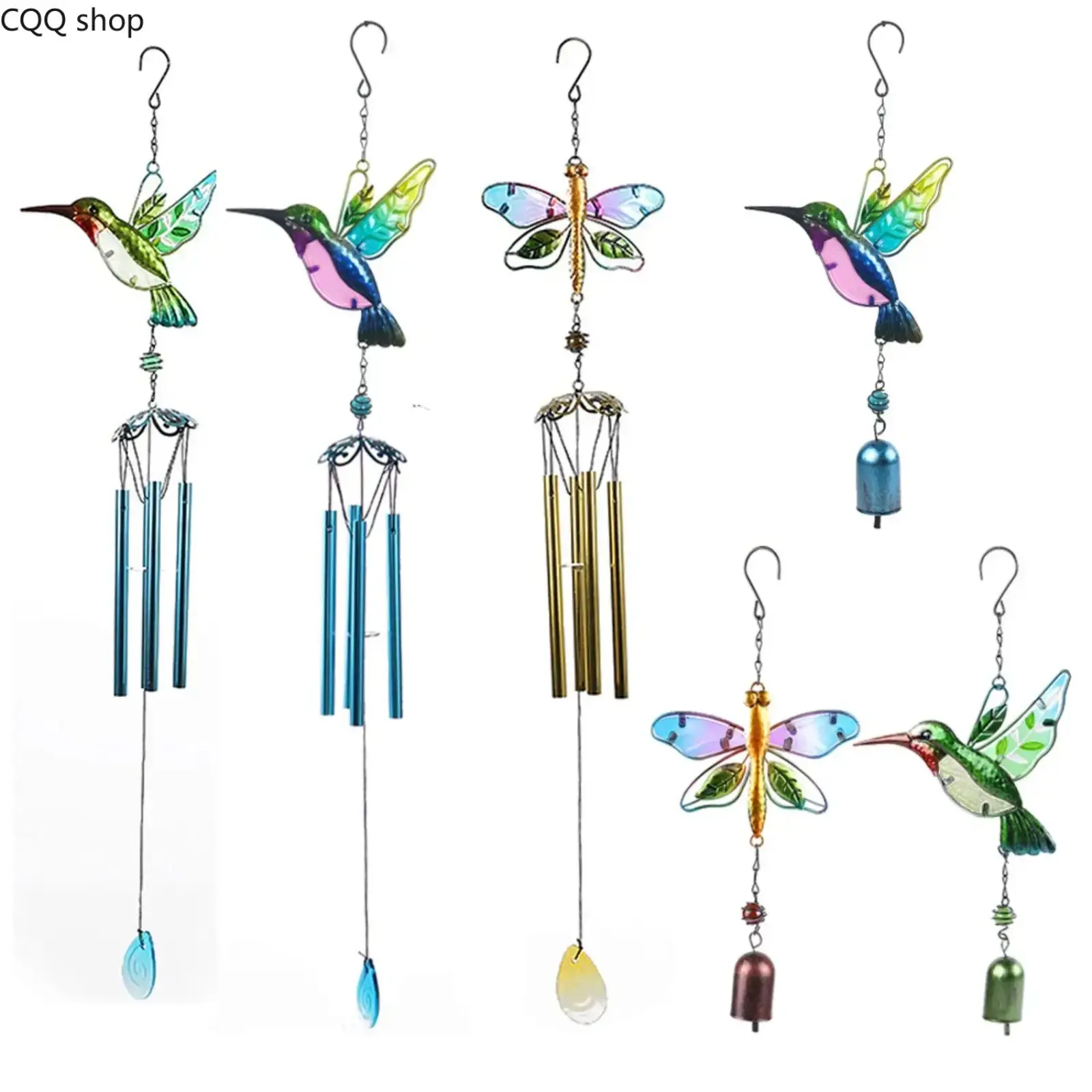 Artistic Hummingbird Aluminum Wind Chimes, Painted Metal and Glass Hanging Decor for Outdoor Garden, Patio, and Backyard