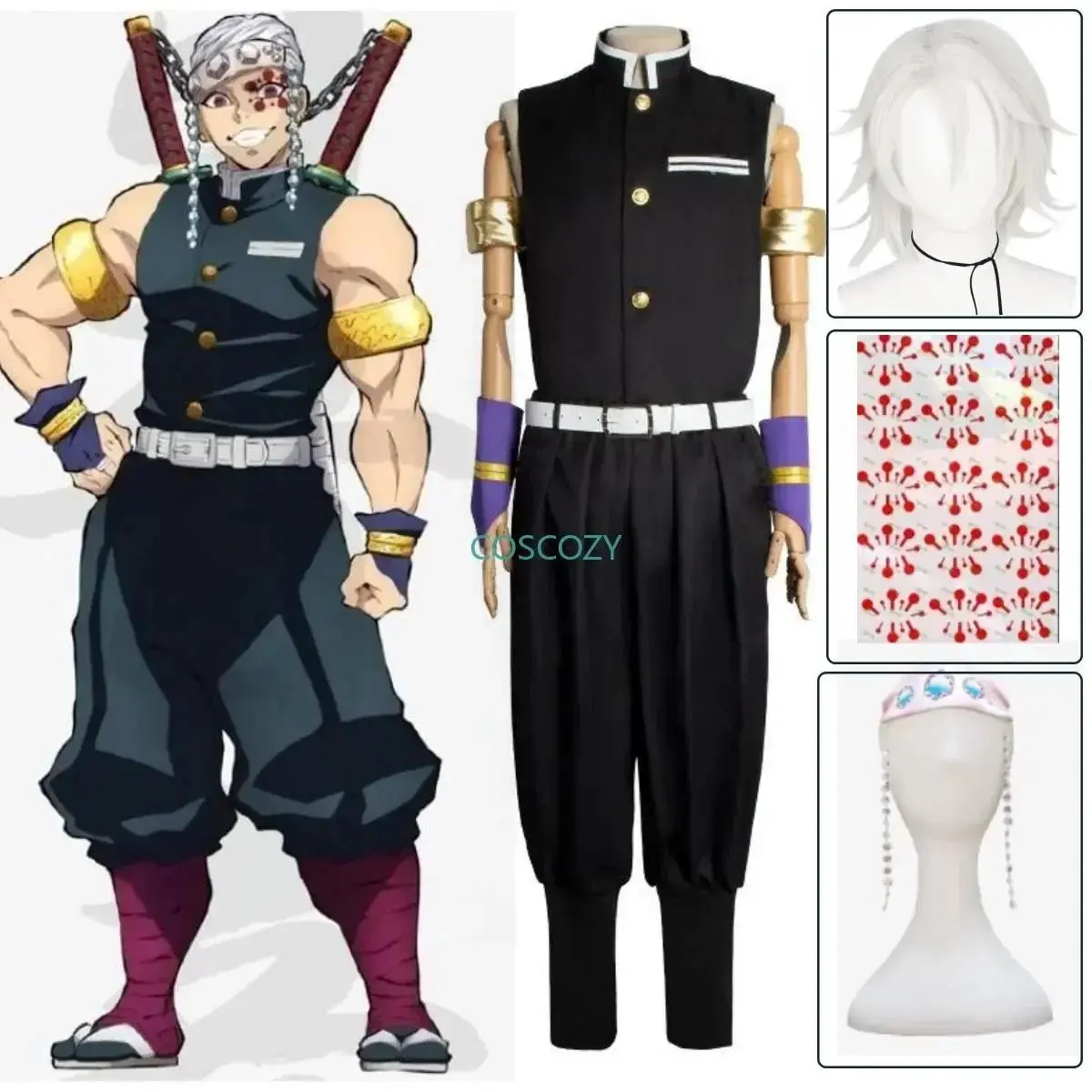 Anime Demon Slayer Uzui Tengen Cosplay Costume for Adult Men, Team Uniform, Carnival Anime Clothes, Wig, Tattoo Stickers, Only Stickers