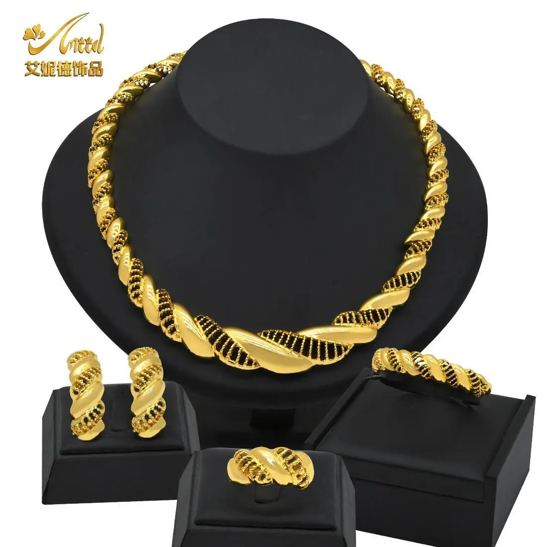 ANIID Nigerian Wedding Jewelry Set African Necklaces Bracelets Earring Sets Ethiopian Gold Color Choker Jewellery Set Gift Brida