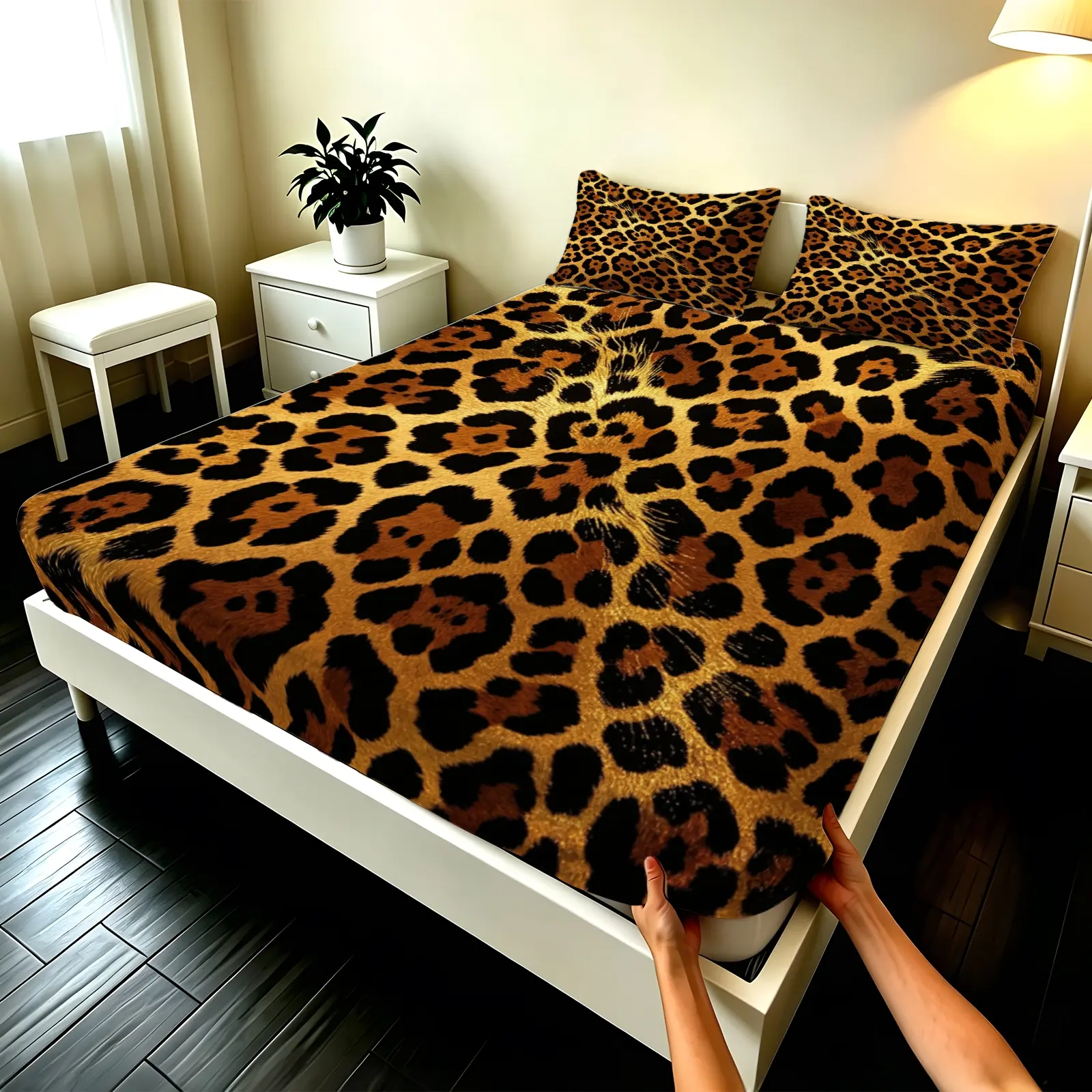 3pcs Fitted sheet Leopard Print Soft Cozy Microfiber Bedding Set, Wrinkle Resistant Fade Proof Breathable Deep Pocket, Fits Twin Full Queen King Size, For Bedroom Hotel Home Decor
