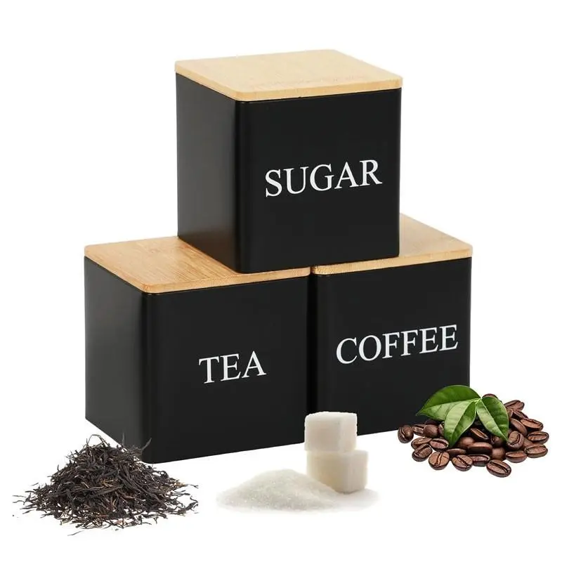 New 3-piece coffee, tea and sugar container set, the best kitchen storage set for Halloween and Christmas, equipped with bamboo lids, stackable food storage containers, suitable for storing coffee beans, tea, sugar, seasonings, grains, snacks, etc.