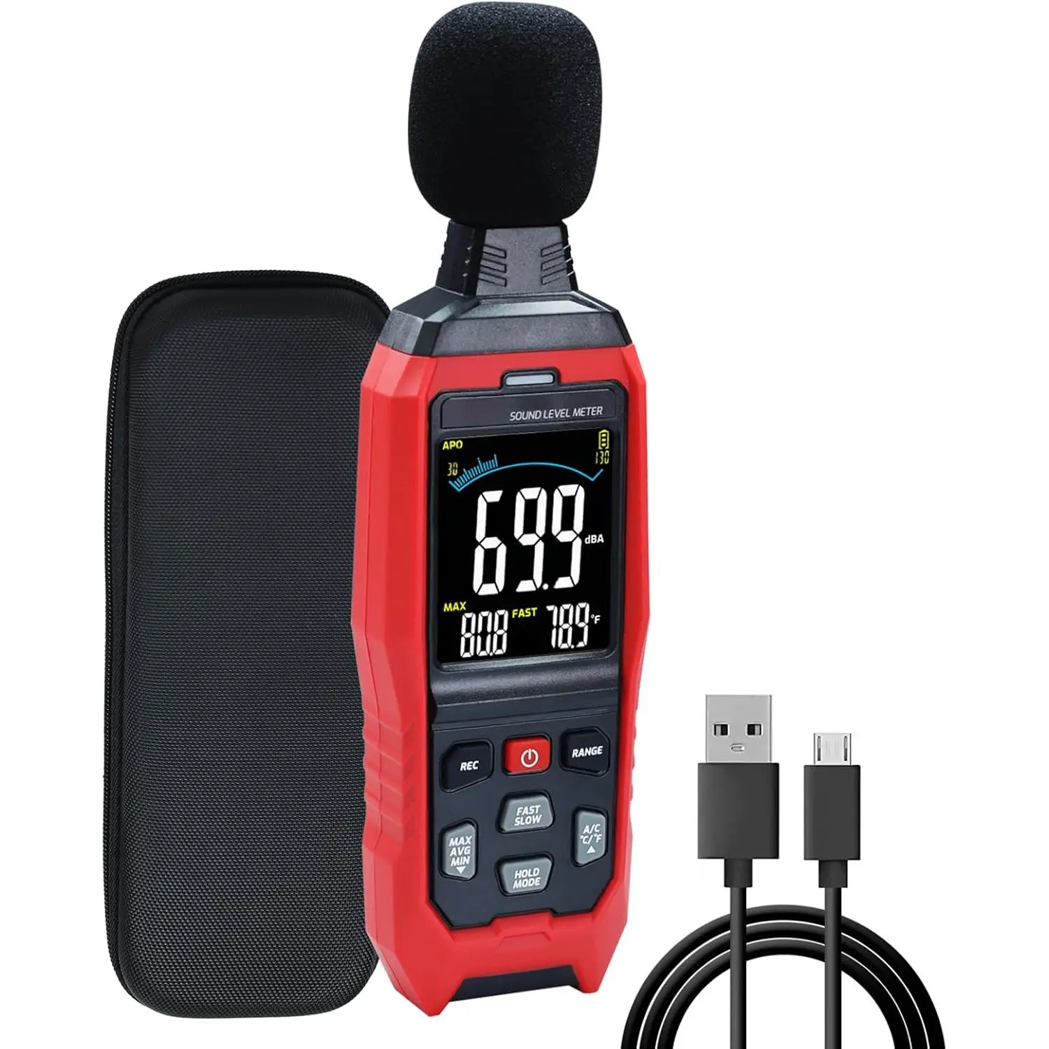 Sound Meter Data Logger Meter with Record Function, Noise Meter 30~130dB Sound Meter A/C/Z Weighting Noise Testing with Audible Visual&Alarm, Temperatue, Bar Indicator