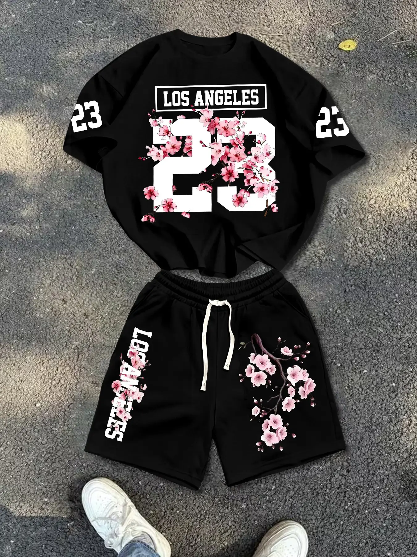 American Style La 23 Cherry Blossom Print Two-Piece Set, Drawstring Wide Leg Men's Streetwear Sportswear, Short Sleeve Top and Shorts
