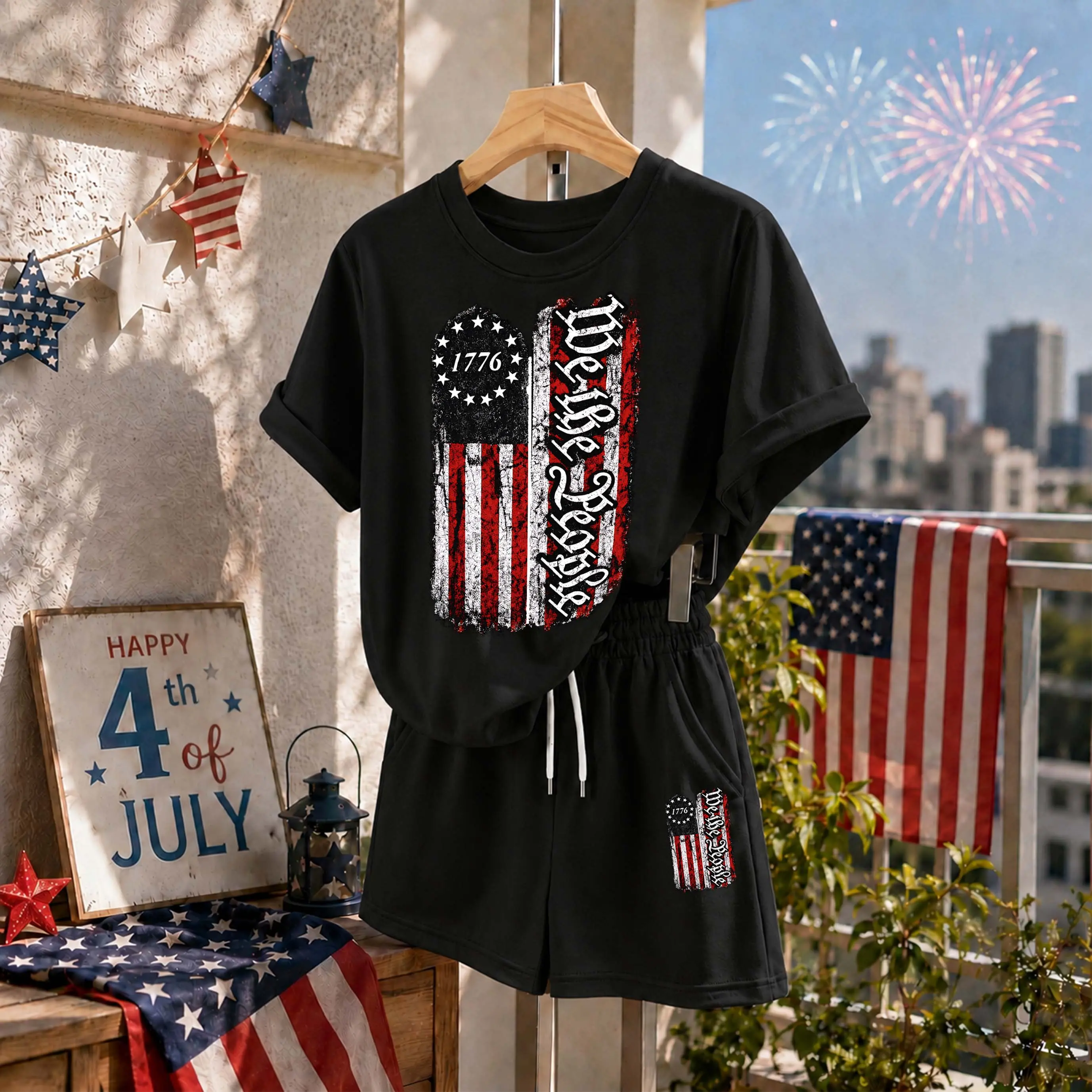 Women’s We the People1776 American Flag Graphic Print Short Sleeve T-Shirt and Shorts Set, Casual Summer 2-Piece Outfit, Comfortable Crew Neck Top and Elastic Waist Shorts for Daily Wear, Vacation, Travel, Beach, Resort and Lounge Wear