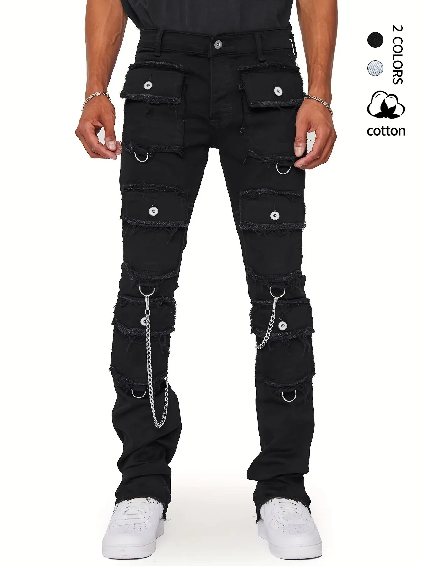 Men's street style multi striped pocket I-shaped horn Streetwear Cargo Jeans with frayed patch pockets and metal chain decoration denim pants in 2 colors, comfortable straight leg mid waist casual pants Fashion Jean Bottoms