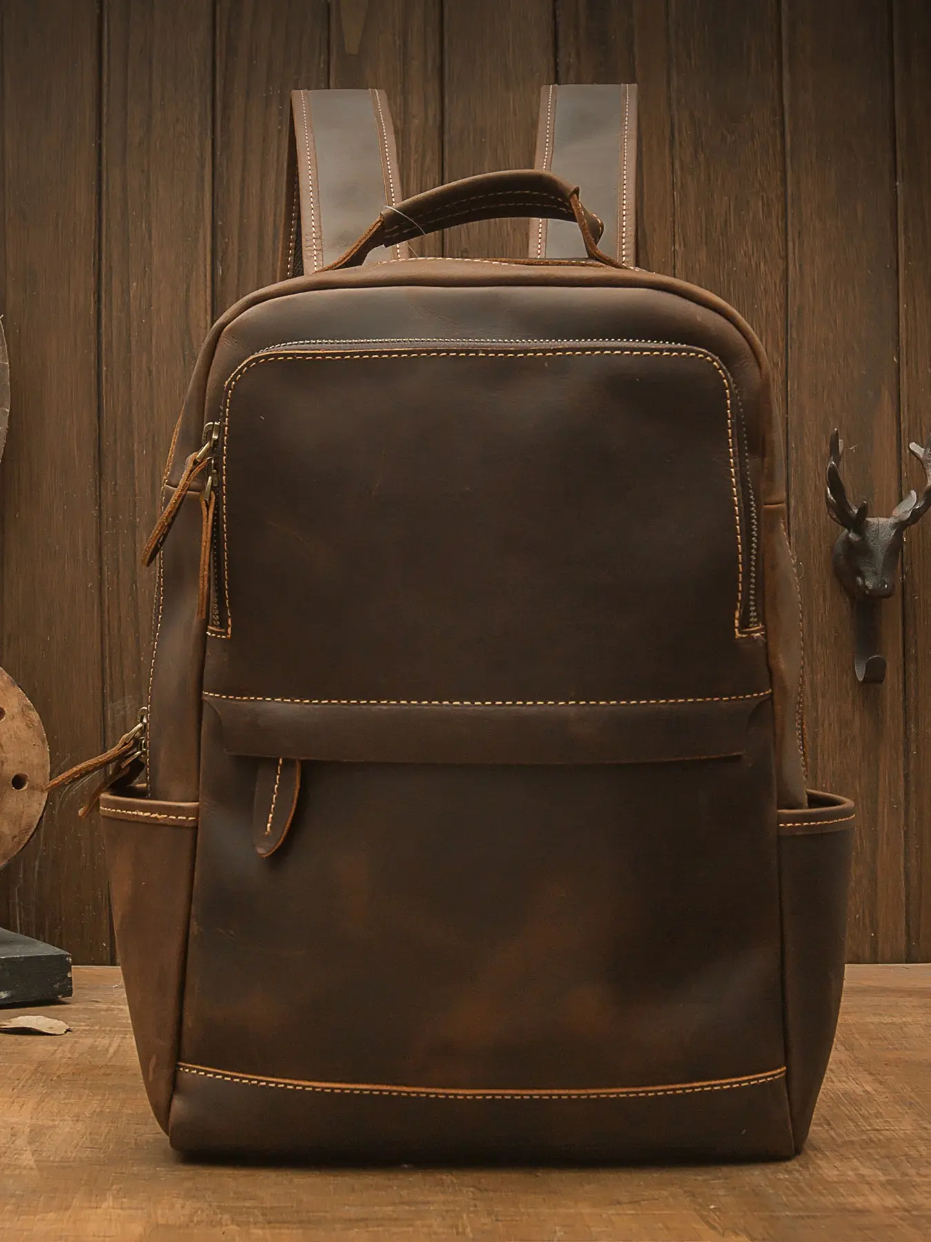 Men's Handmade Crazy Horse Leather Backpack, Vintage Business Laptop Bag, Casual Genuine Leather Bookbag, New Arrival, Backpacks For Laptops