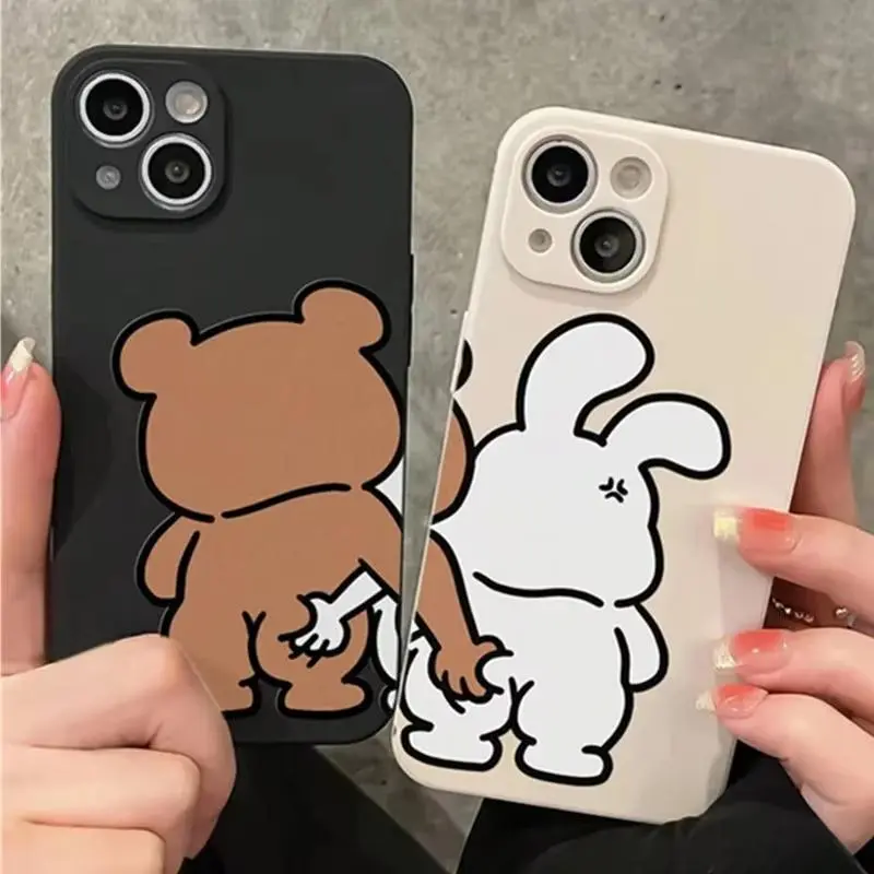 Fun Bear & Rabbit Couple Phone Case Soft Silicone for Protection Perfect for Couples For iPhone 16 15 12 13 14 11 Pro Max 7 8 Plus XR XS Max SE 2022 16Pro Shockproof & Cute for Daily Use Gift for Couples Valentine's Day