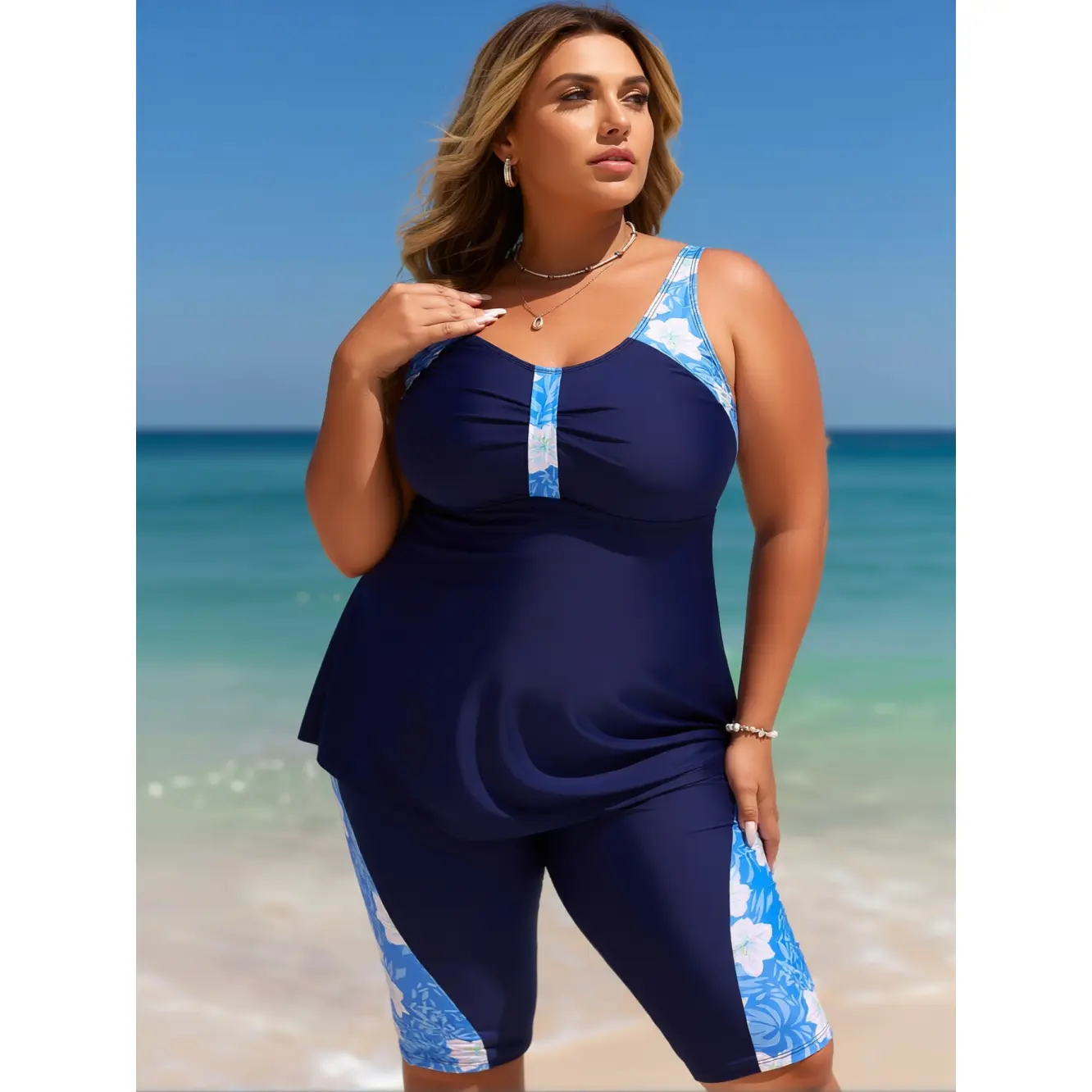 Women's Plus Size Navy Flowy Tankini Swimsuit, 2-Piece Floral Print Top with Knee-Length Capri Shorts, Tummy Control for Beach Pool Trips, Plus Size Fashion, Swimsuits Tummy Control, Water Activities, Capri Cut, Quick-Dry Fabric, Fade-Proof Wash, Female W