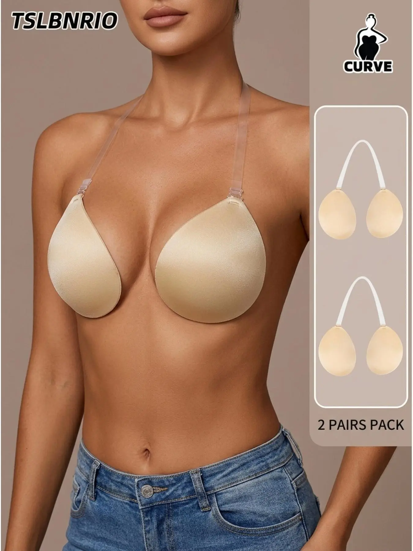 2 pairs of ladies' sticky bras, invisible underwire bras, sticky bras, Adhesive Bra, ladies' underwear, neck-hanging design, elevating breasts, reusable, suitable for wedding dresses, formal gowns, and dresses.