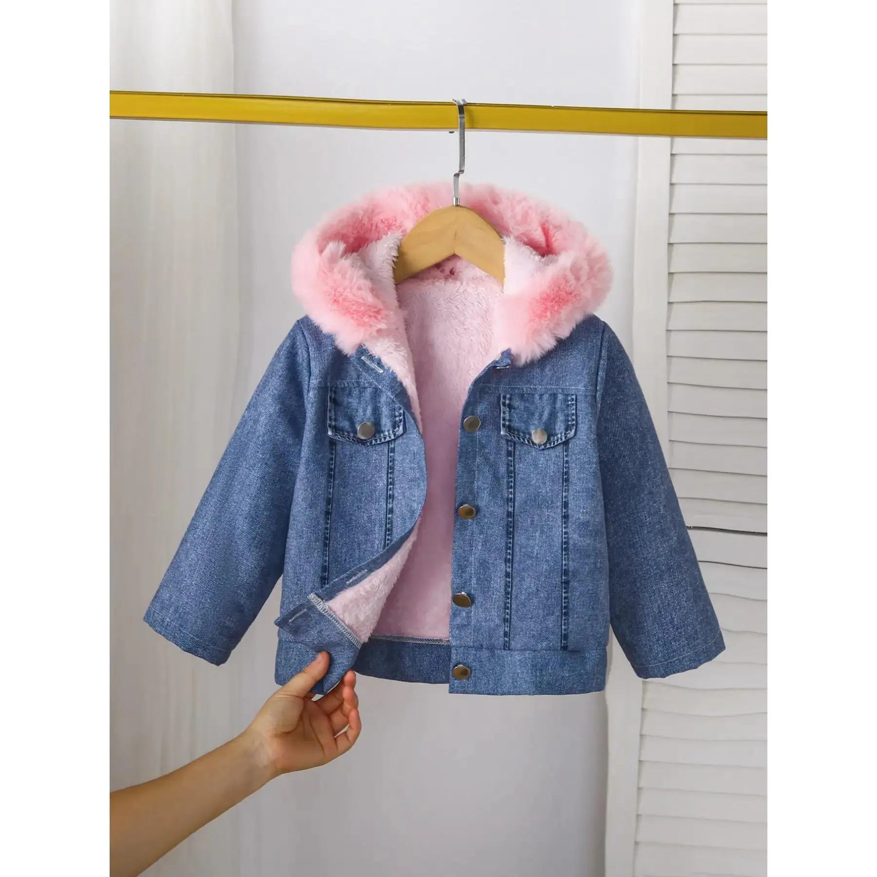 Girls' Fleece Lined Fake Denim Jacket, Fur Hooded Inner Layer, Thick Warm Classic Single Button, Fall & Winter Essential-HAN-DMA