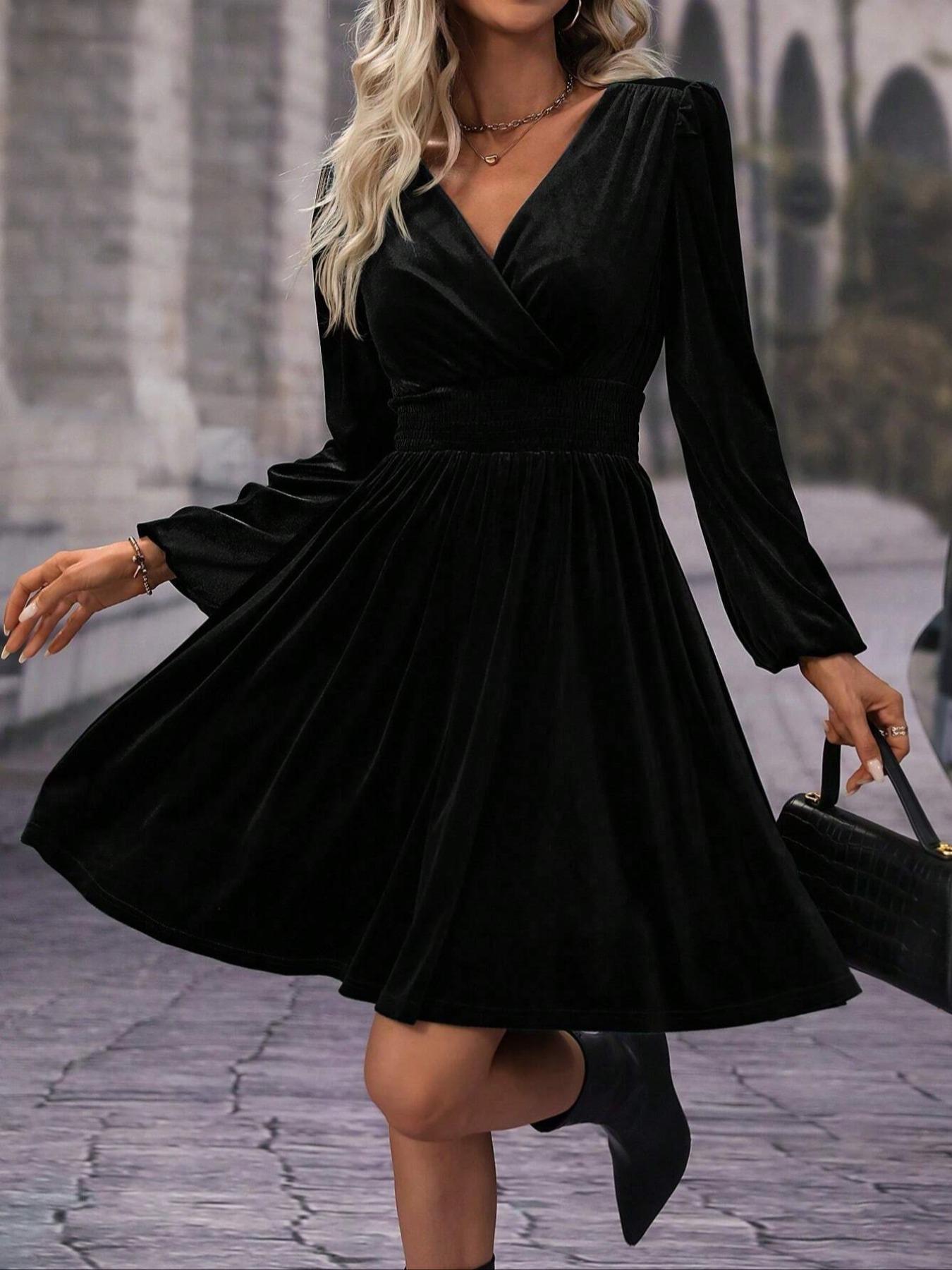Women's Velvet Satin Dress, Waist Cinched Lantern Sleeves, Slimming Design, Party Wear, High-End Feel, Spring & Fall Fashion