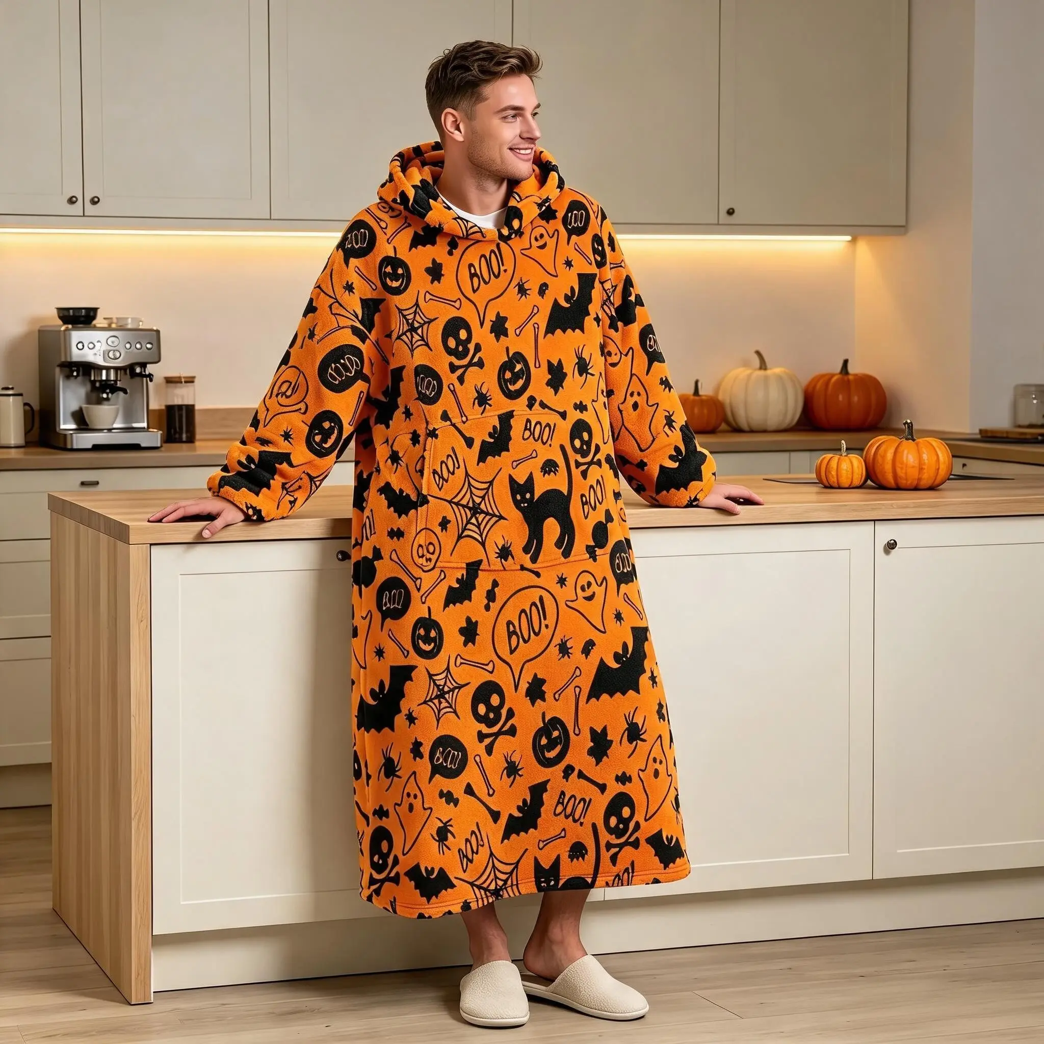 Cartoon Graffiti Style Wearable Flannel Blanket, Cat Skull Spider Boo Letter Halloween Hooded Blanket, Fun Home Warmth Gift