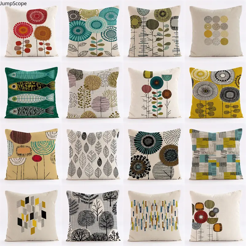 Mid Century Modern Botanical Linen Throw Pillow Covers, 16 Retro Abstract Floral Tree Fish Geometric Prints Hidden Zipper Square Cushion Cases For Farmhouse Sofa Bedroom Home Decor