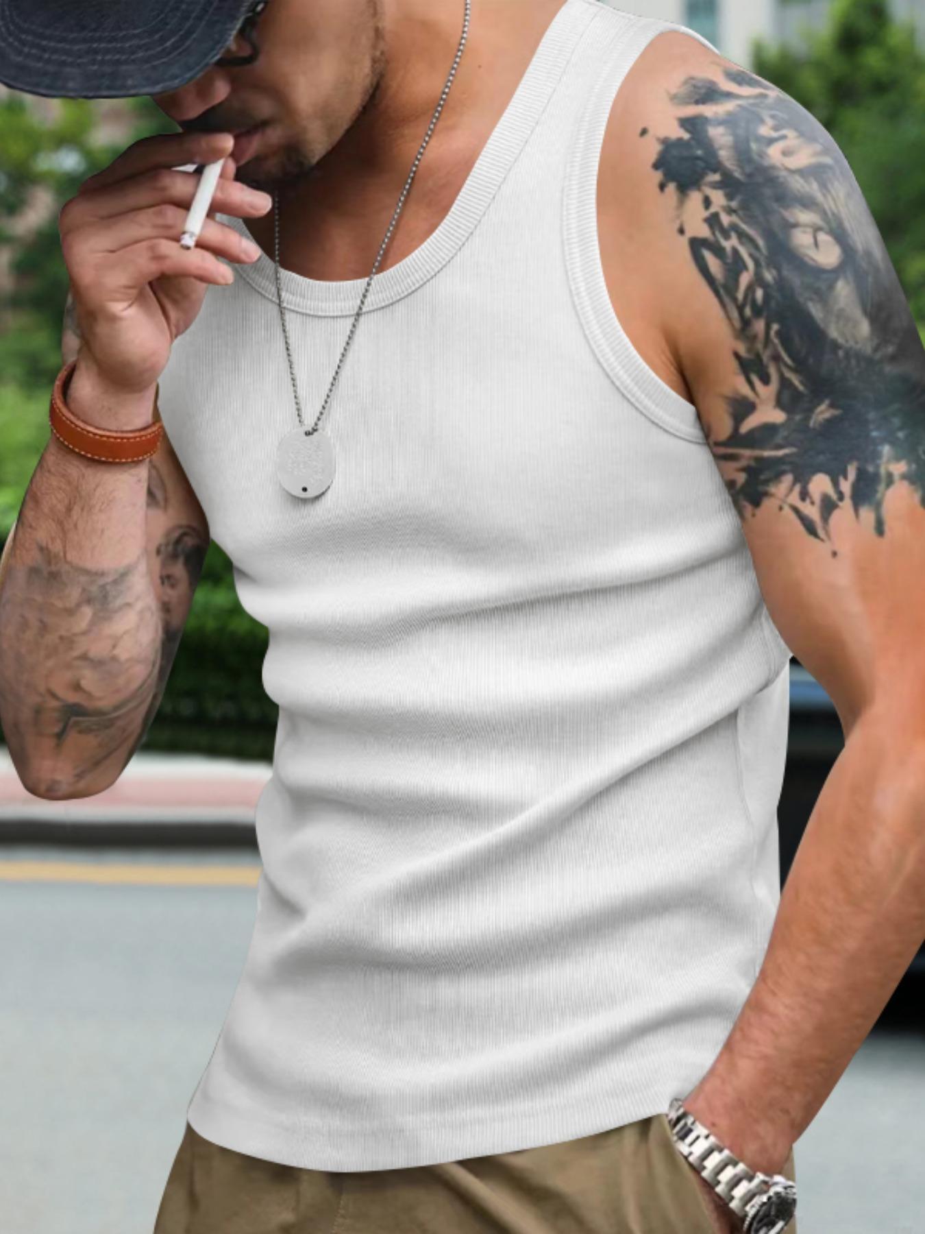 Men's Solid Racer Back Tank Top, Regular Fit Casual Breathable Scoop Neck Sleeveless Top for Daily Wear, Men's Clothes for All Seasons, Socks